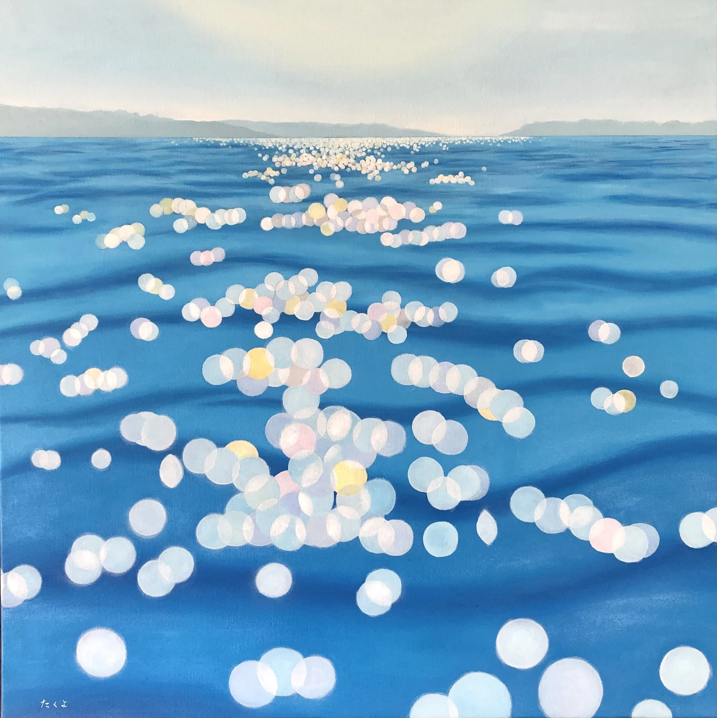 A painting of a calm blue ocean with white, pink, and yellow circular reflections on the water surface, with distant landforms visible on the horizon under a softly clouded sky.