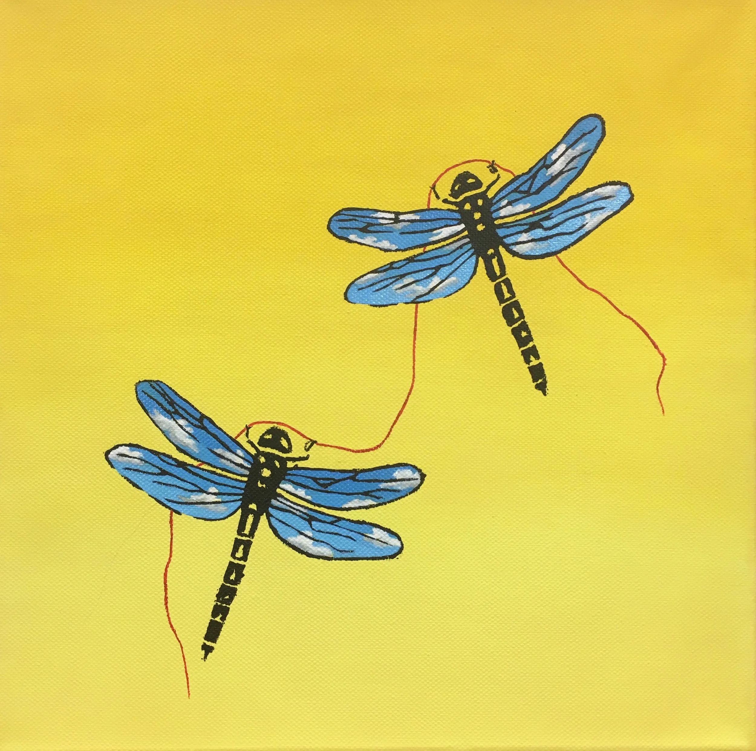 Illustration of two blue and black dragonflies on a yellow background, connected by red thread.