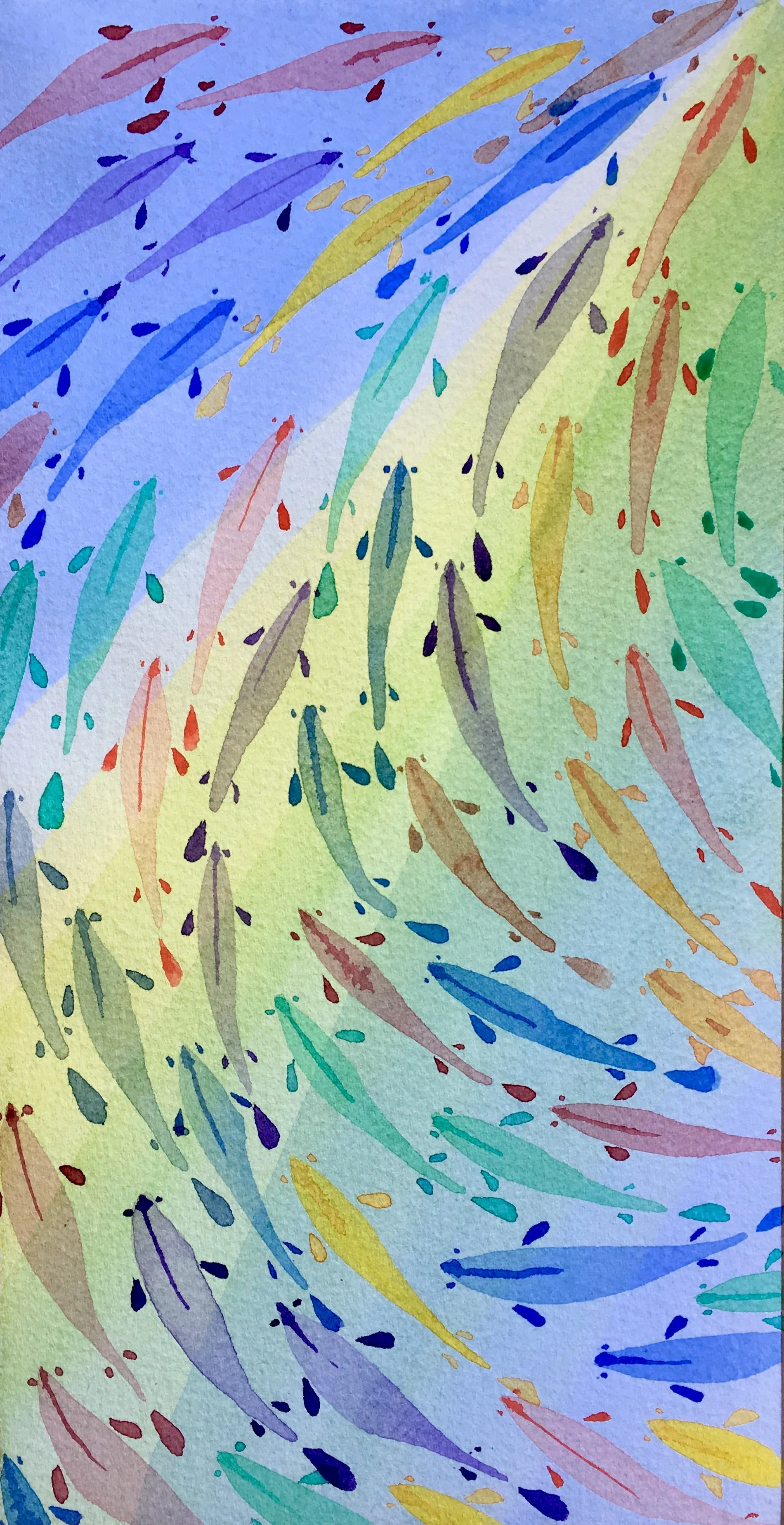 Watercolor painting of a school of colorful fish swimming in various directions in a swirling pattern.