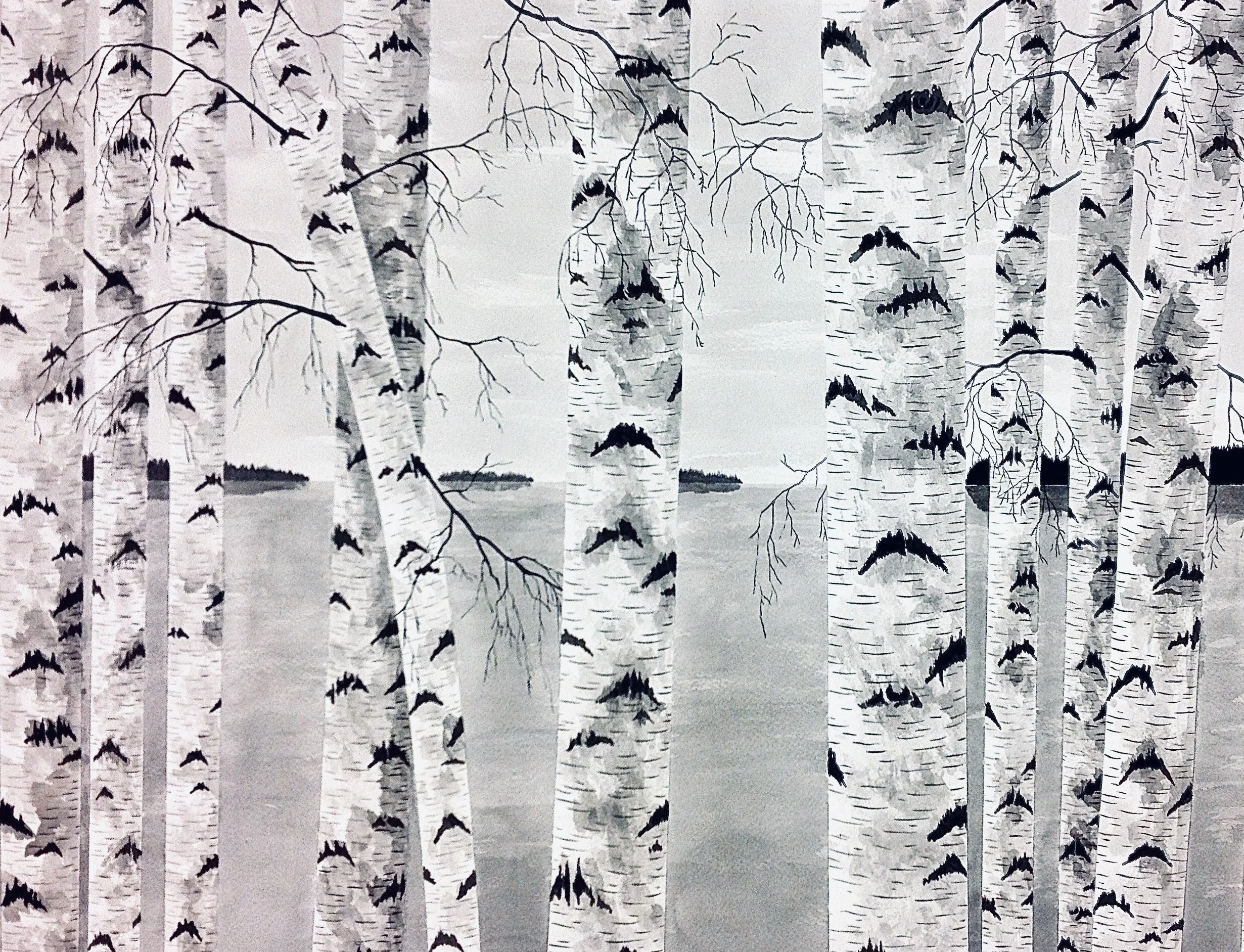 Artistic depiction of a lakeside scene with birch trees in black and white, silhouettes of bats flying above the water, and small islands in the distance.