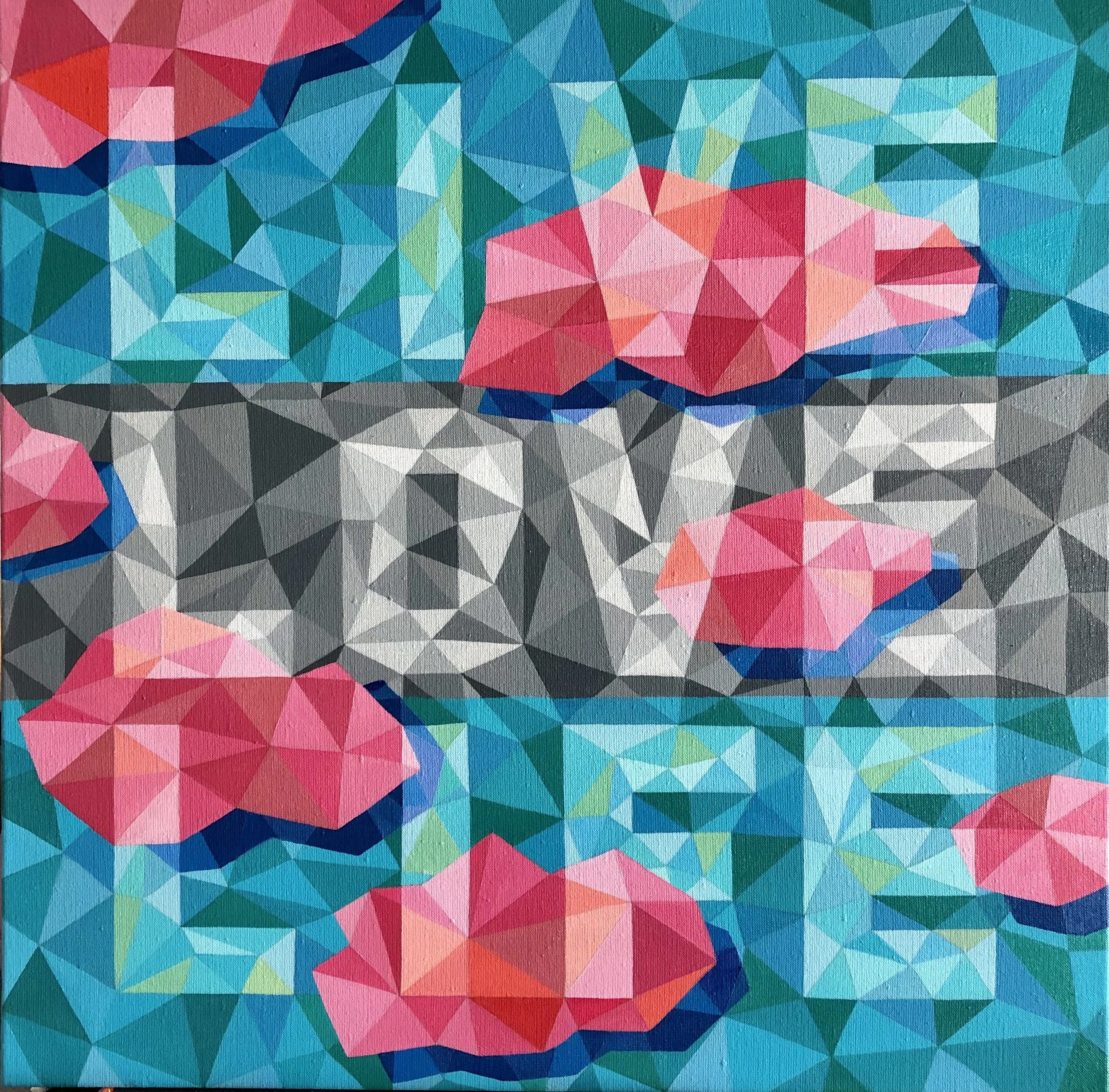 A colorful, geometric abstract painting of pink lotus flowers floating on water with a background of green and blue foliage.