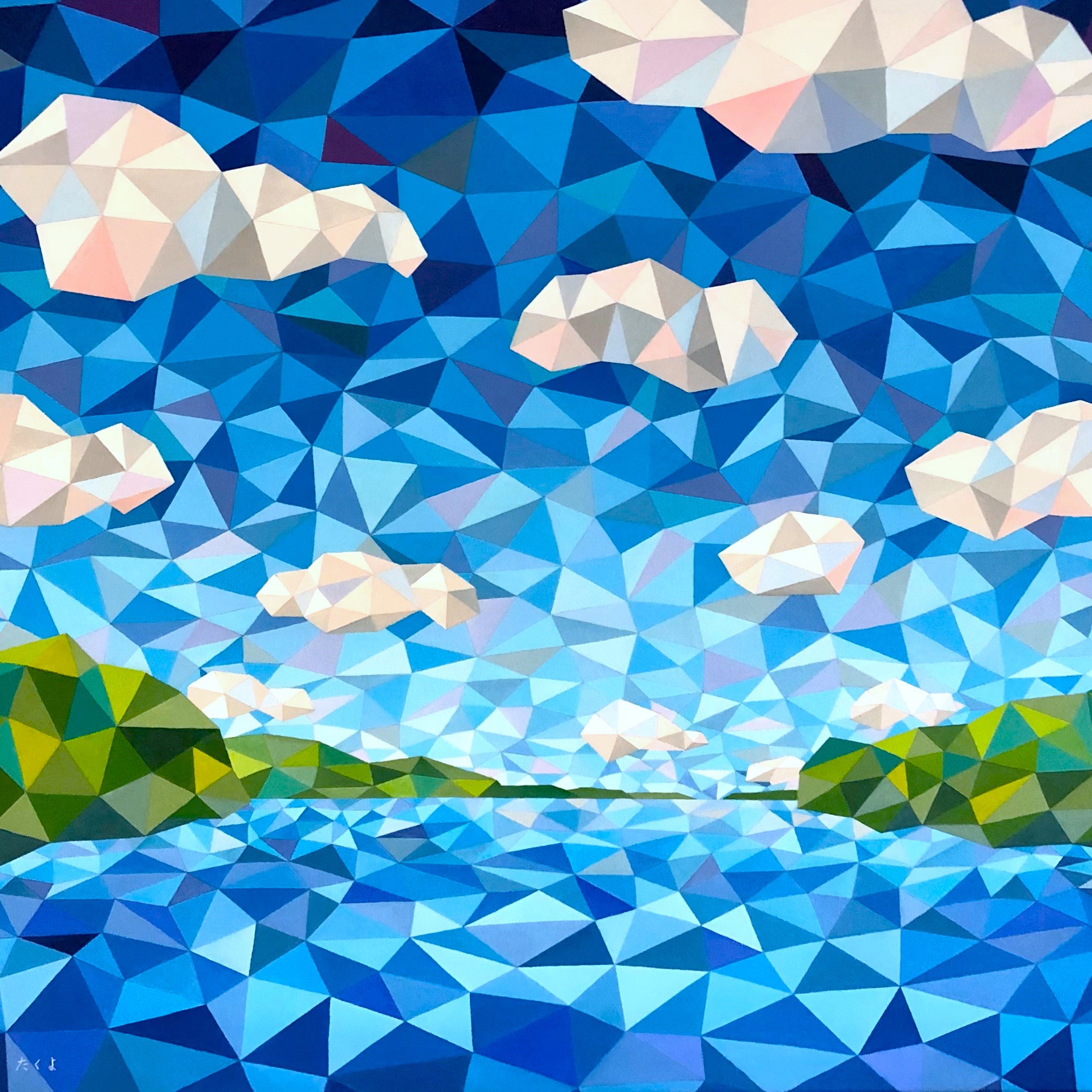 Geometric art depicting a lakeside scene with a blue sky, white clouds, green hills, and a calm body of water, created with triangular shapes and vibrant colors.