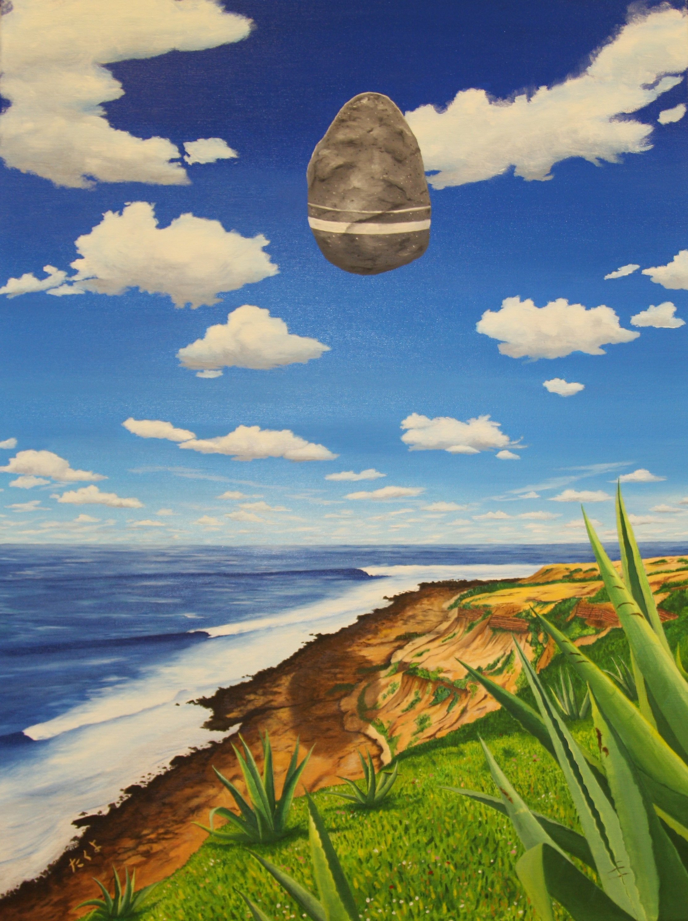 A painted landscape of a coastal scene with blue sky and scattered white clouds. Green aloe plants in the foreground, a rocky brown cliffside, and the ocean with waves are visible. A large, gray, floating egg-shaped object with white stripes is in th