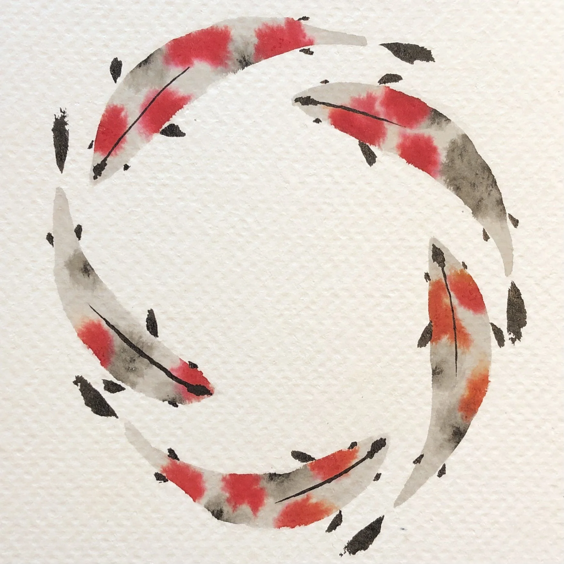 Watercolor painting of six koi fish swimming in a circle.