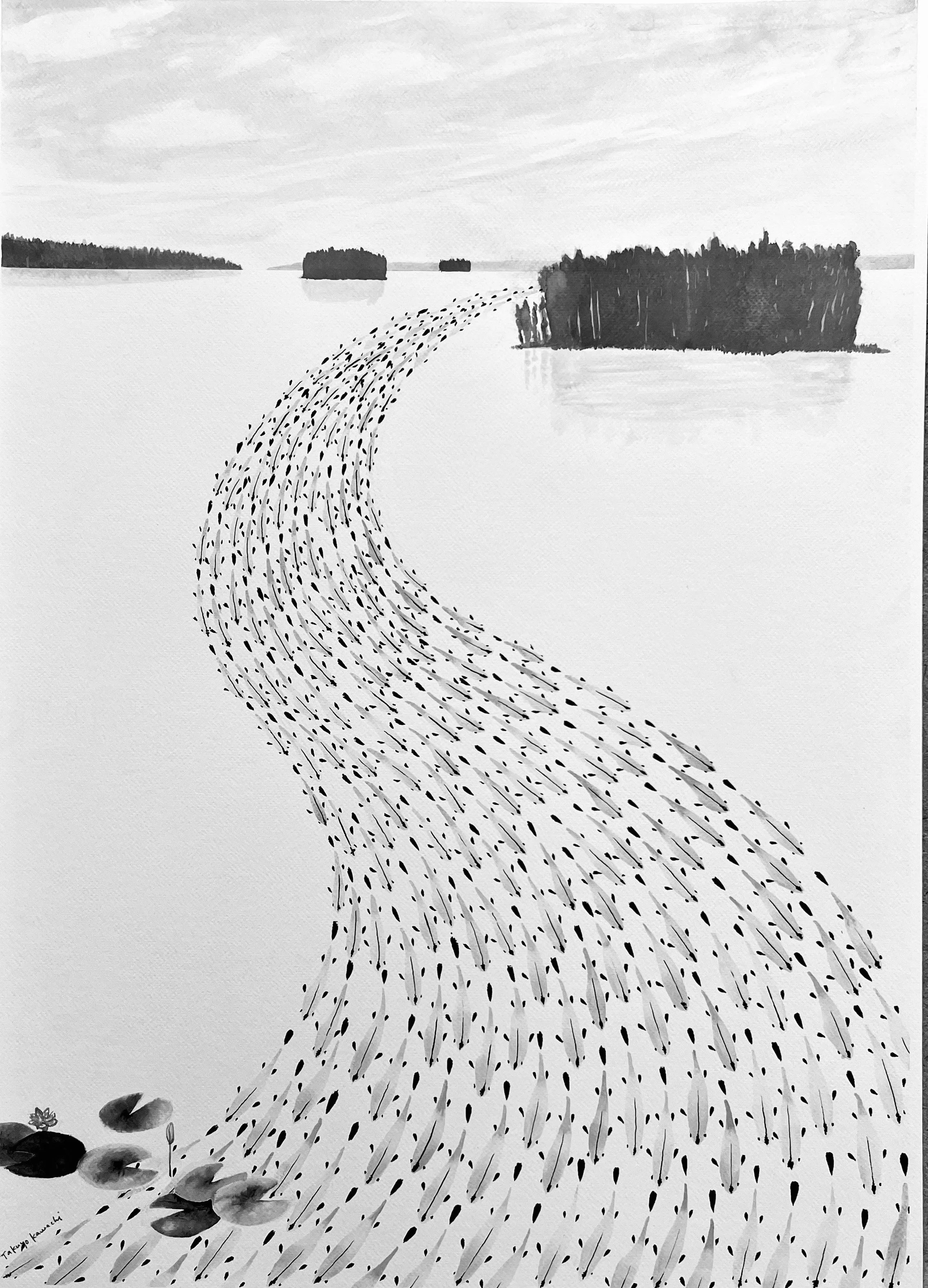 A black and white illustration of a winding pathway over water, surrounded by trees and islands in the distance.