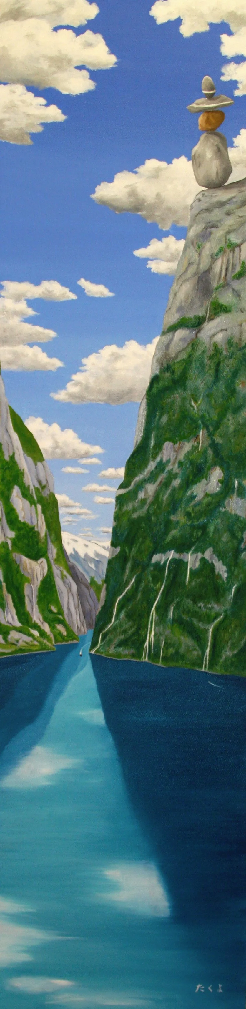 Painting of fjord with steep cliffs covered in green vegetation and cascading waterfalls, with stacked rocks balanced on a cliff edge and a cloudy sky overhead.