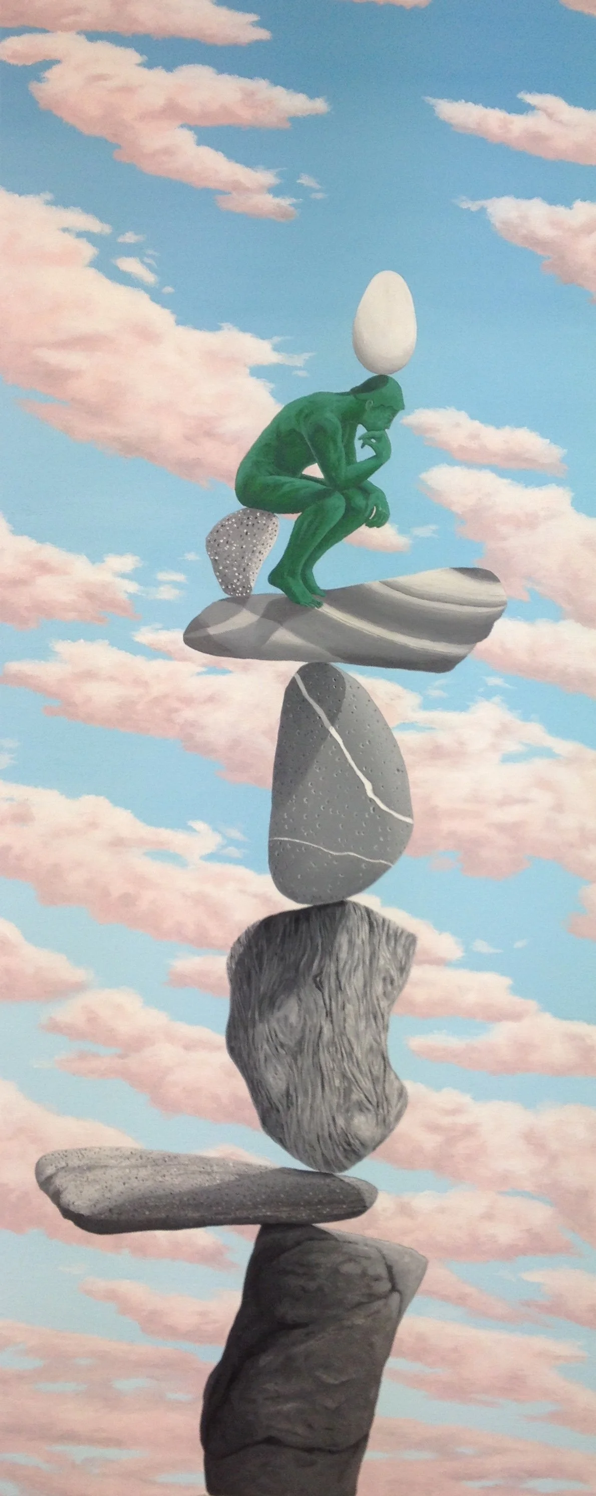 A surreal painting depicting a green humanoid figure sitting on balanced stones in the sky, with a large white egg-shaped object on its head, set against a backdrop of pink and white clouds on a blue sky.