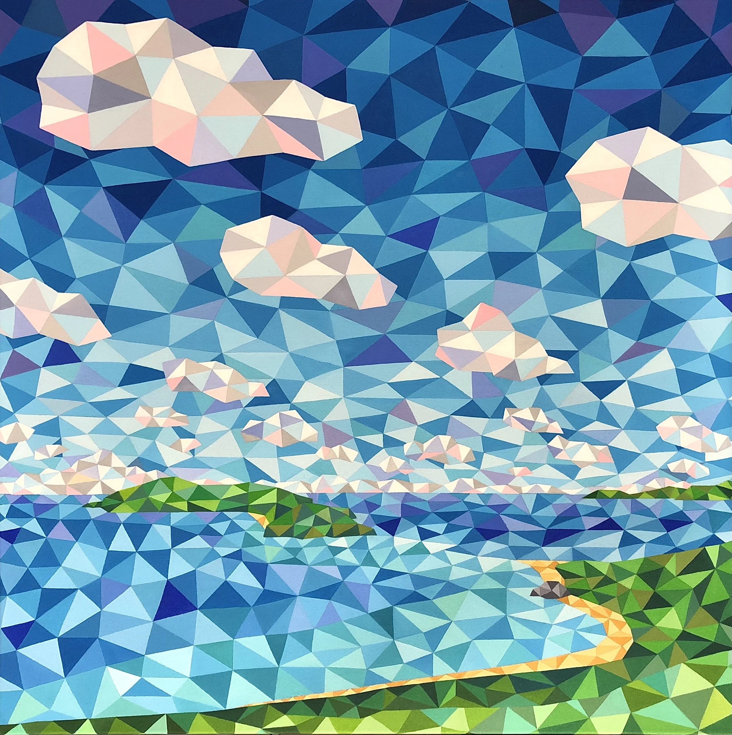 Abstract geometric landscape painting with a blue sky, white clouds, a body of water, green islands, and a sandy beach path, all rendered in a polygonal style.