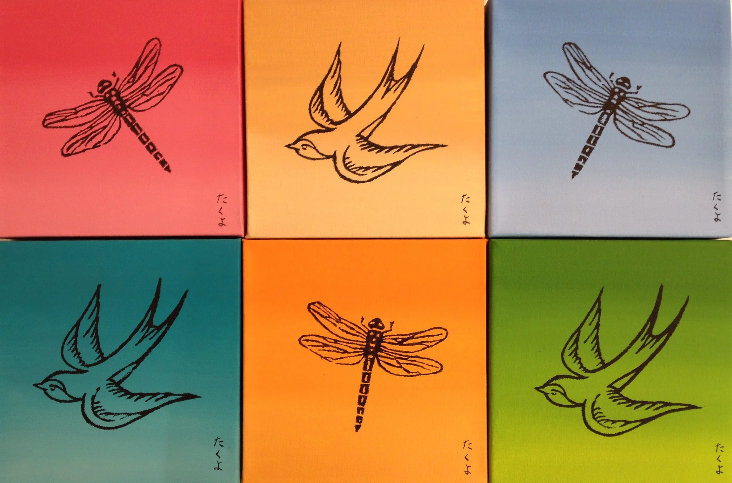 Six colorful boxes with black illustrations of a dragonfly or bird in black ink, arranged in a grid of two rows and three columns. Each box has a different background color: pink, yellow, light blue, teal, orange, and green. Small Japanese characters