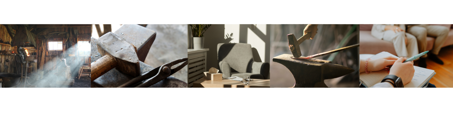 Images showing a blacksmith's workshop, a hammer on an anvil, a modern office with a chair, a blacksmith forging metal, and a person writing in a notebook.