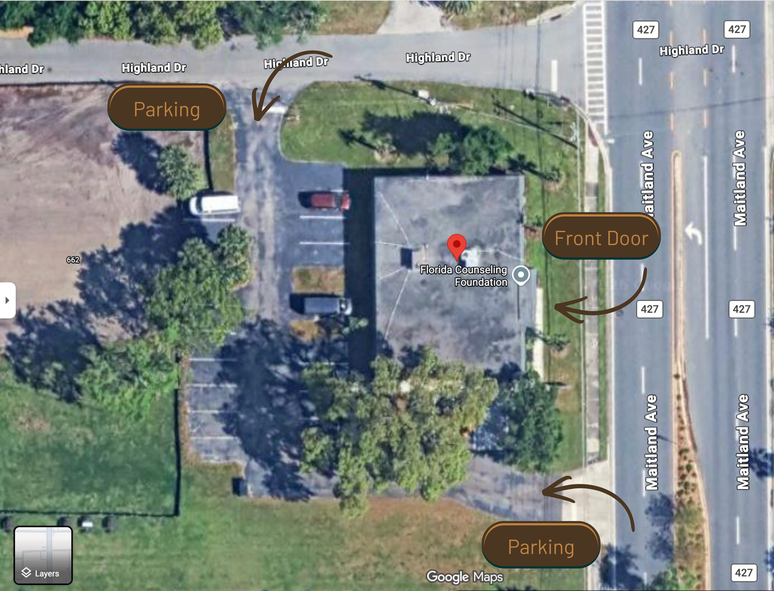 Aerial view of a small building with labeled front door and parking areas. The parking lot has a few cars and is surrounded by trees and grass. The building is located on Maitland Avenue with nearby streets Highland Drive and Florida Counseling Foundation.