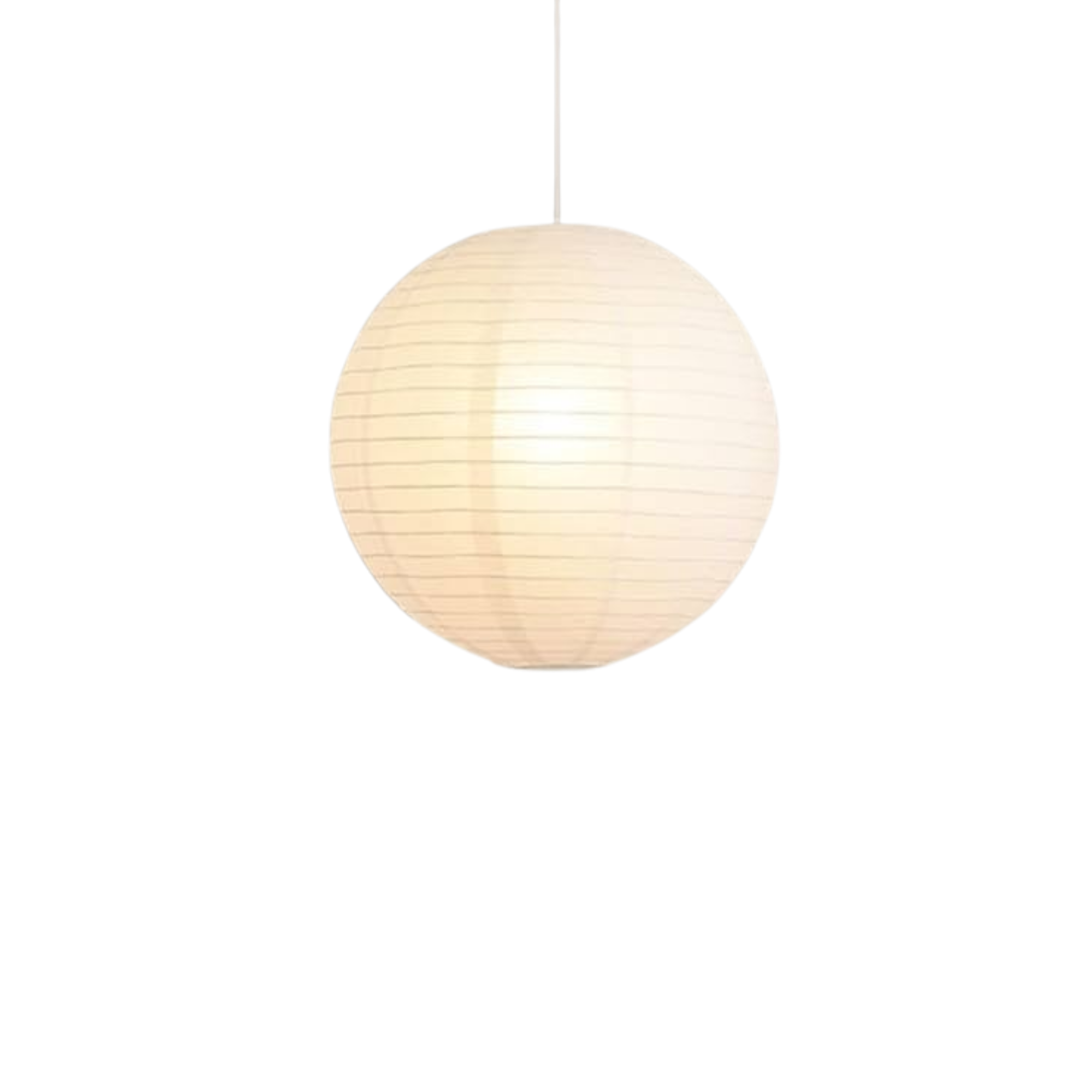 Lámpara de papel blanca suspendida del techo, en un fondo oscuro.