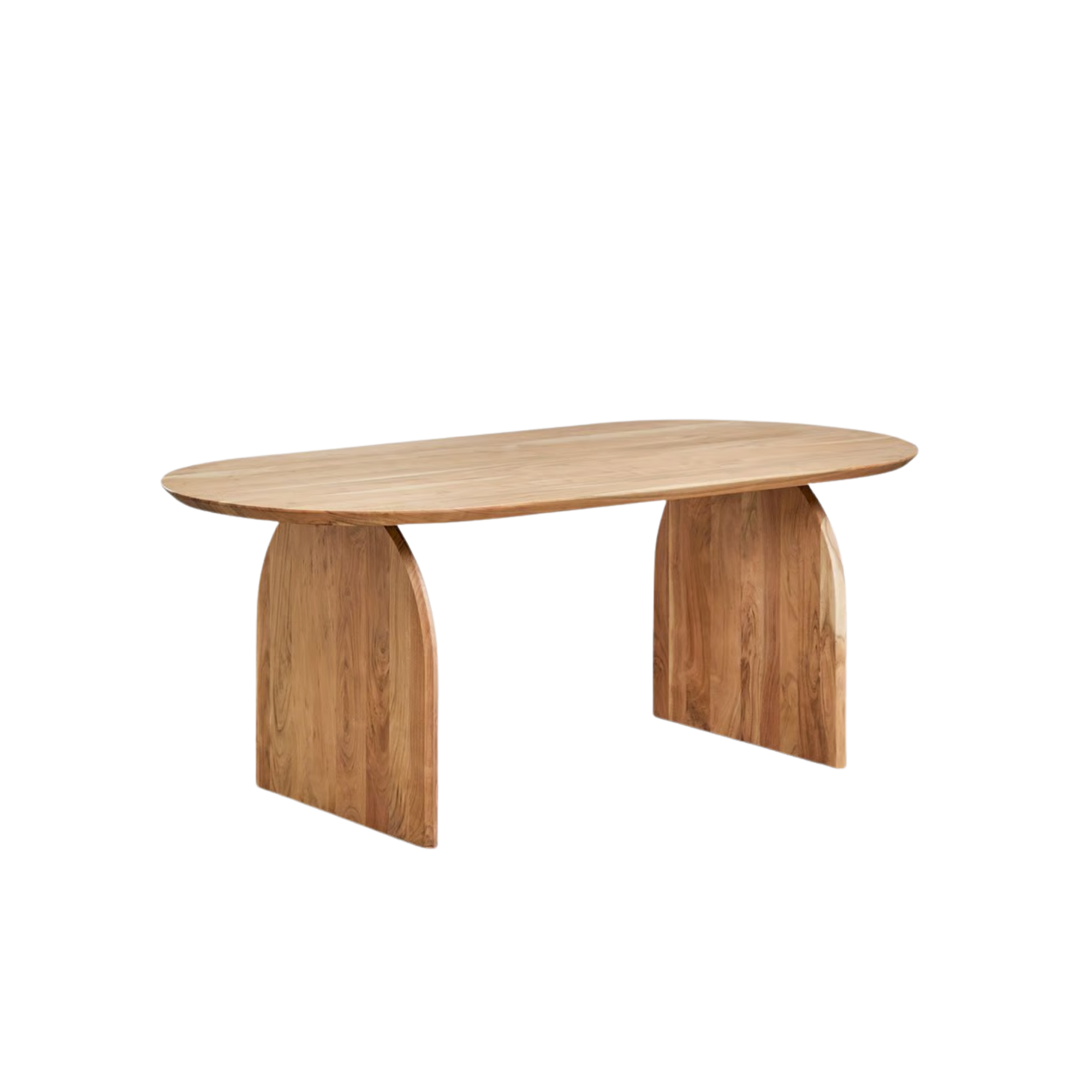 Mesa de madera con base en forma de arcos y tablero ovalado.