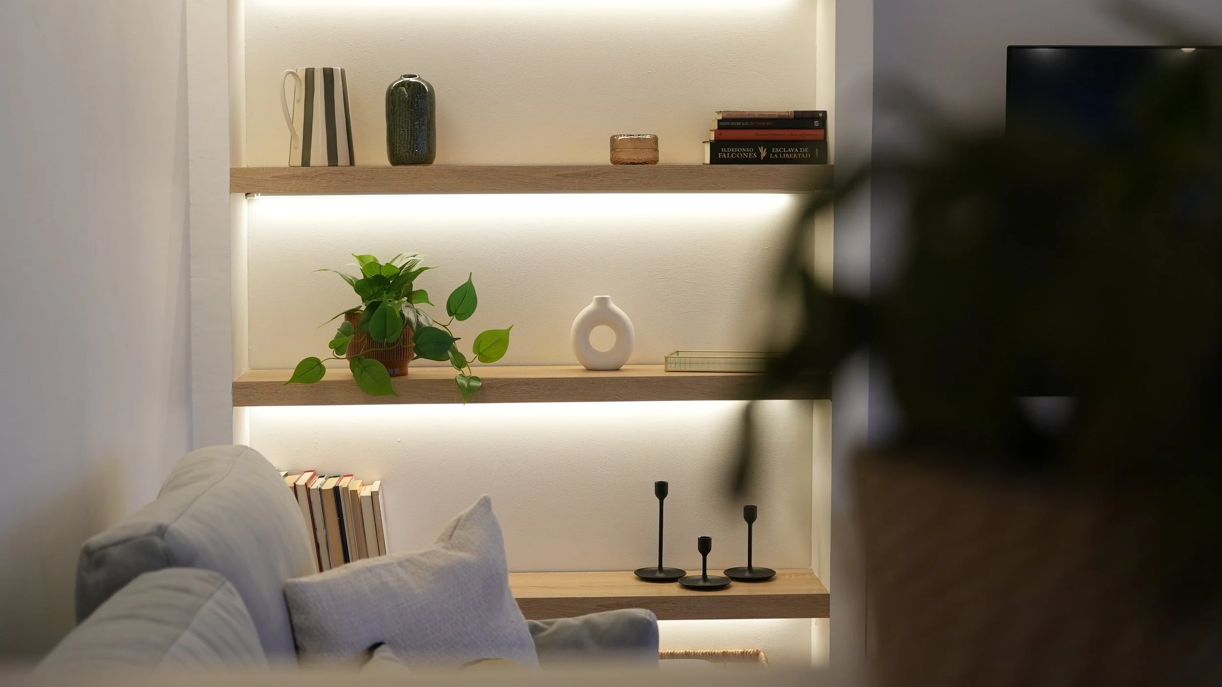 Estantes decorativos en una pared con varias plantas, libros y objetos blancos y negros, iluminados con luces LED