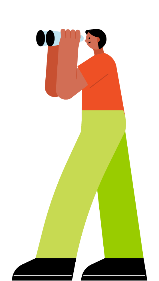 Illustration of a person looking through binoculars, representing forward-thinking vision