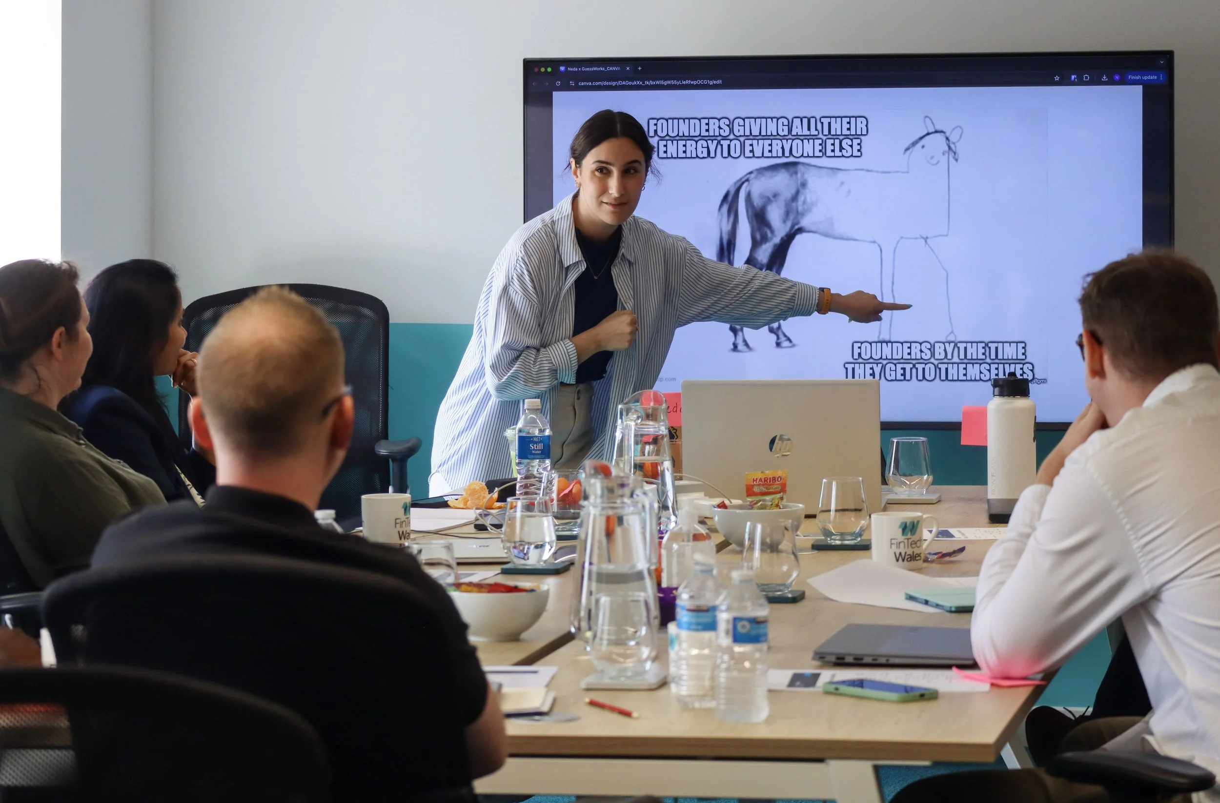 Facilitator presenting to founders during a GuessWorks accelerator workshop