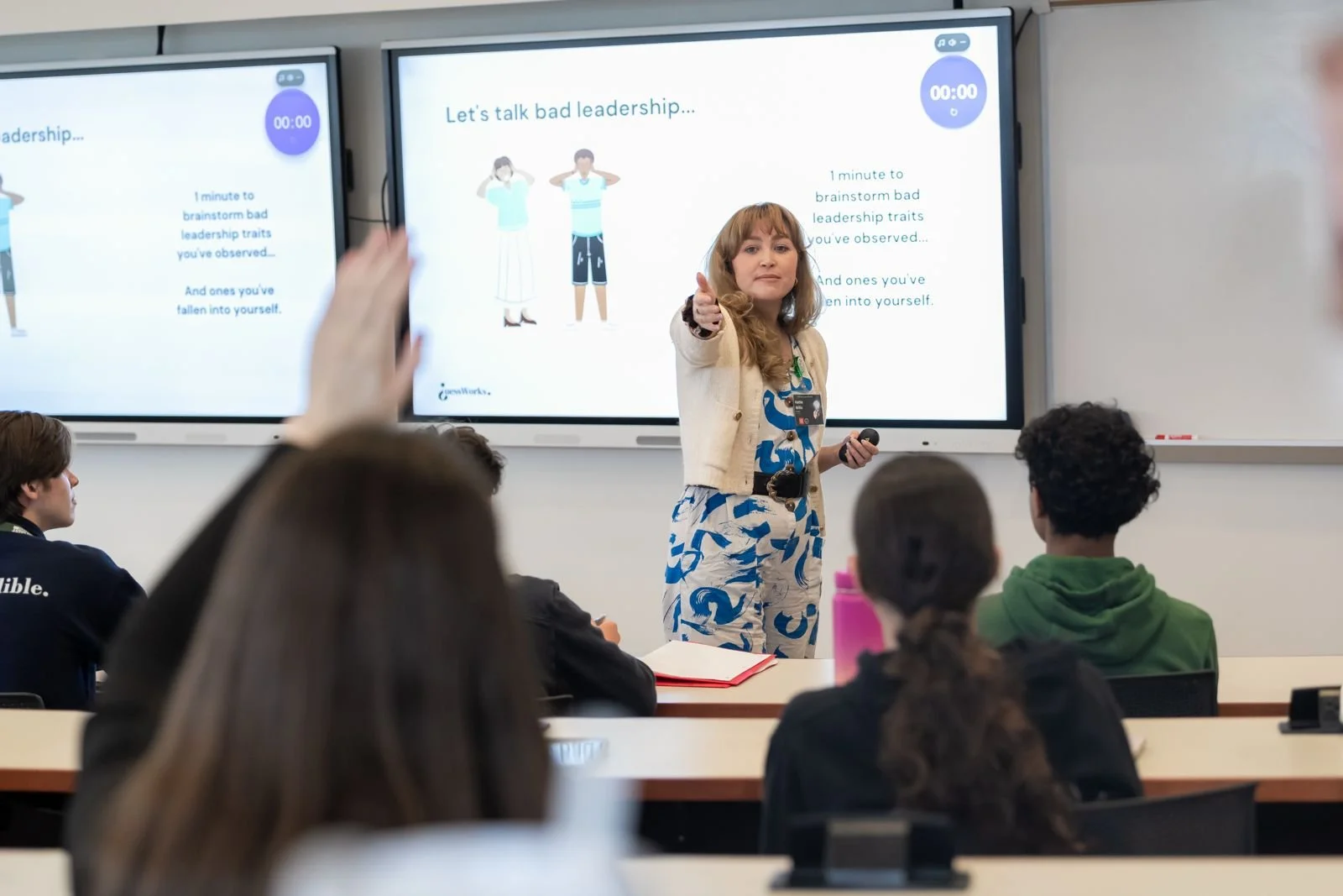 Students attending a GuessWorks entrepreneurship workshop in a classroom