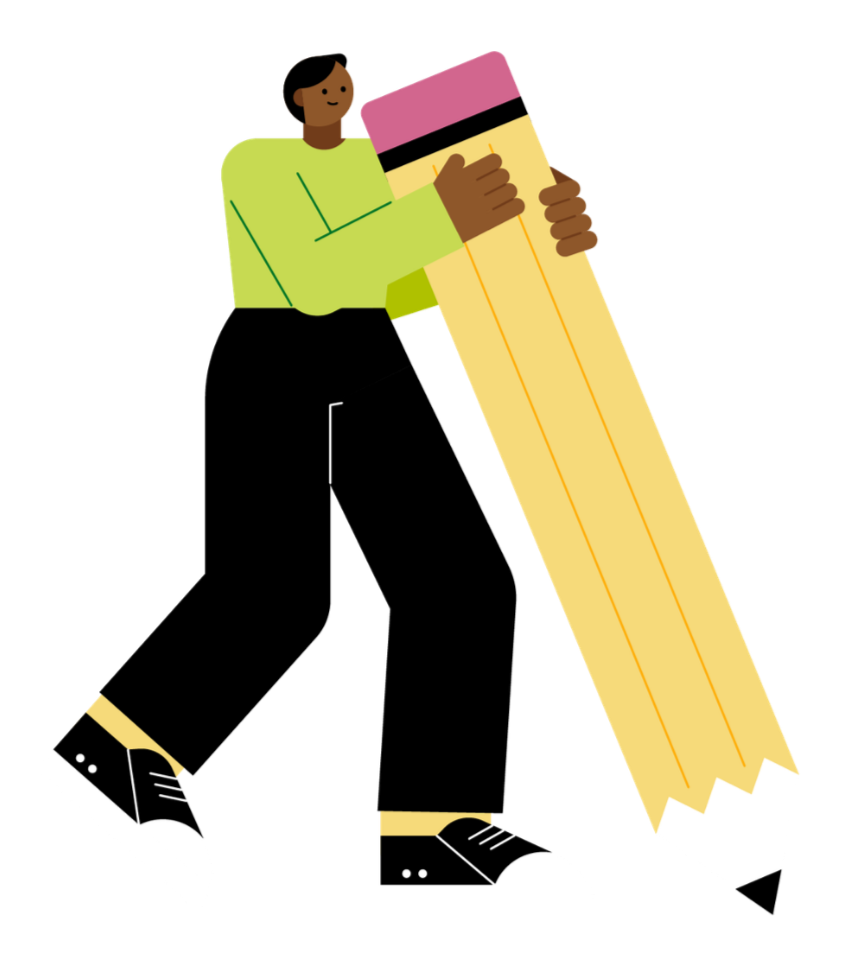 Illustration of a person walking with a giant pencil, representing bold creative action