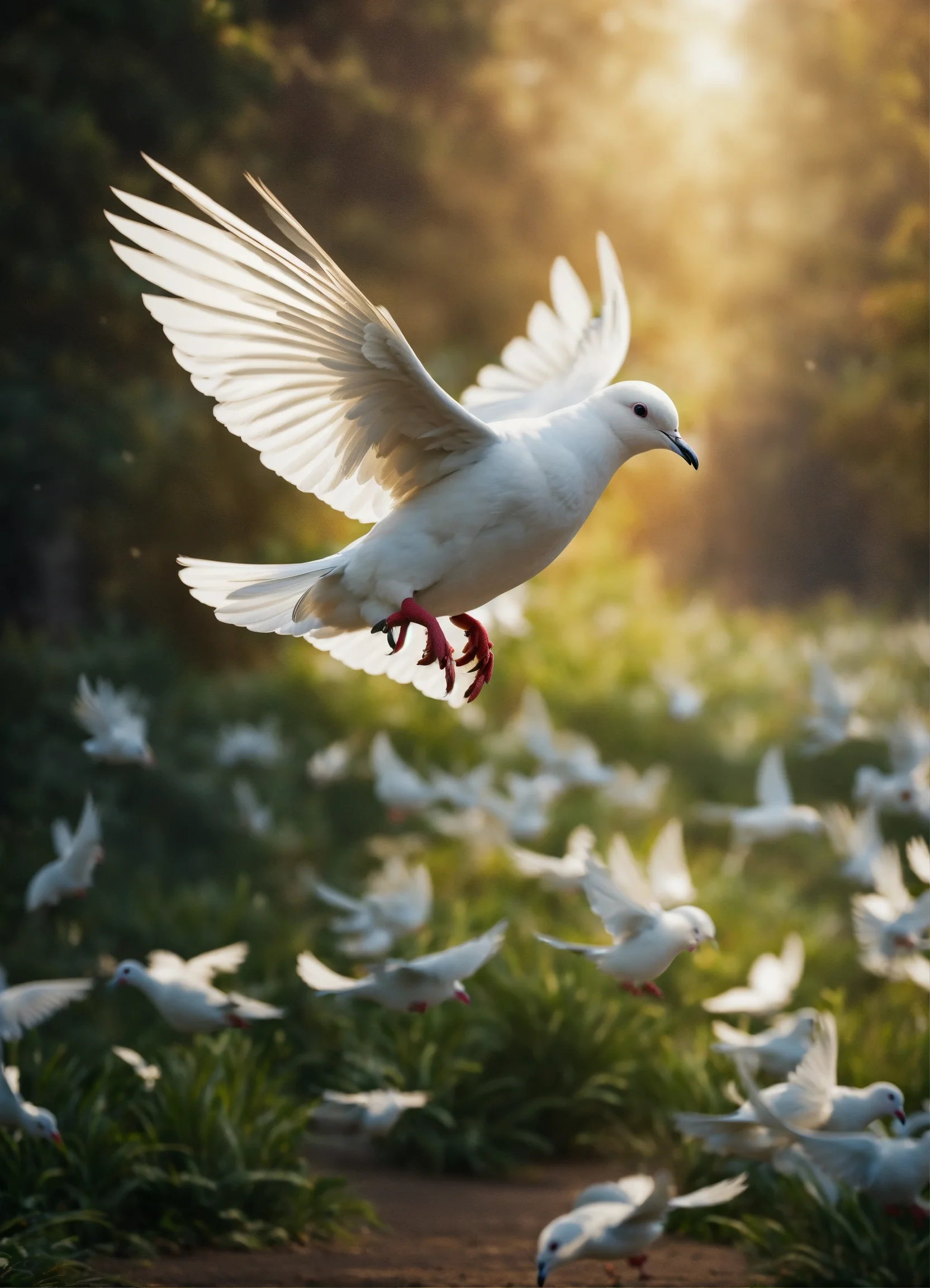 A white dove in flight with its wings spread, surrounded by other white doves on the ground in a natural setting at sunset.