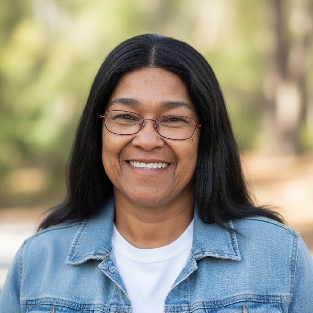 A woman with long black hair wearing glasses, a white shirt, and a blue denim jacket, smiling outdoors with a blurred green background.
