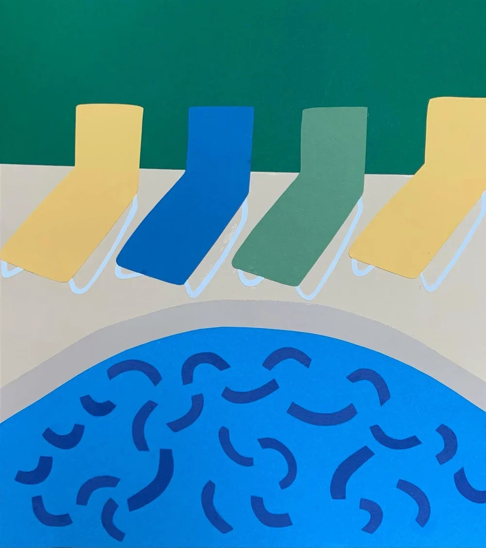 Four lounge chairs in yellow, blue, green, and yellow colors, arranged side by side on a beige surface with a circular blue and patterned area in the foreground, and a green wall in the background.