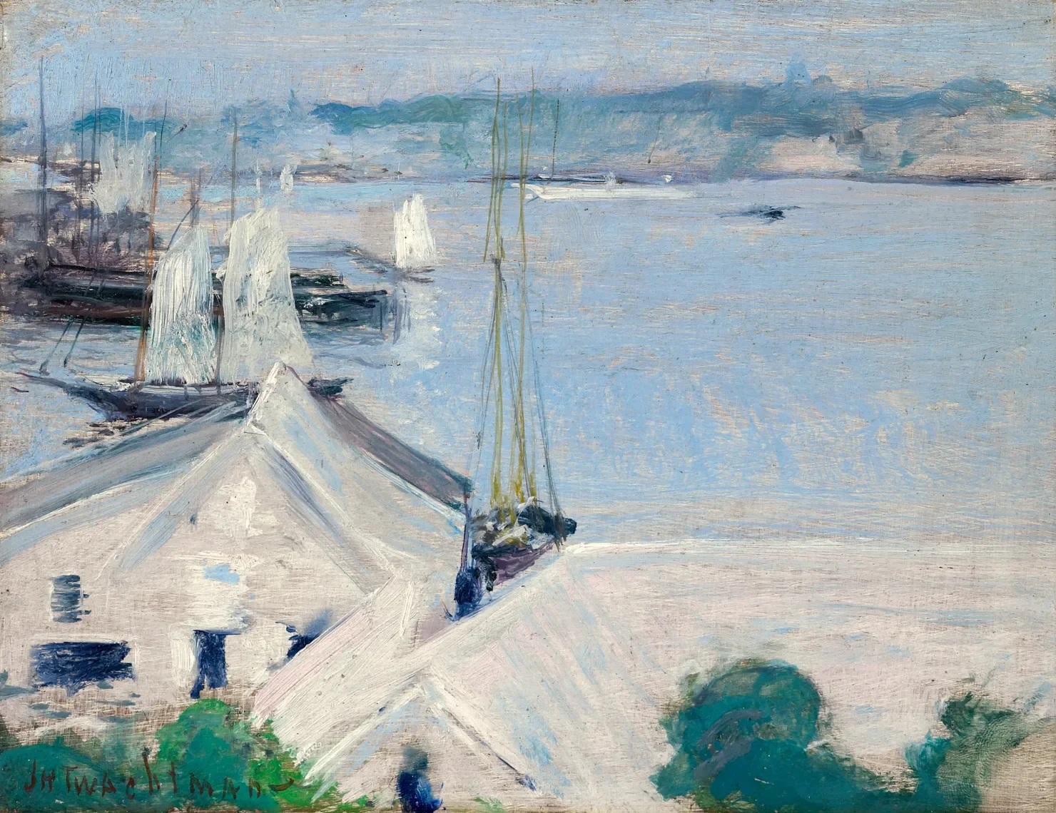 Boats at Anchor, c. 1900, by John H. Twachtman. Oil on panel, 7.5 x 9.625 in. Spanierman Gallery, LLC, NY