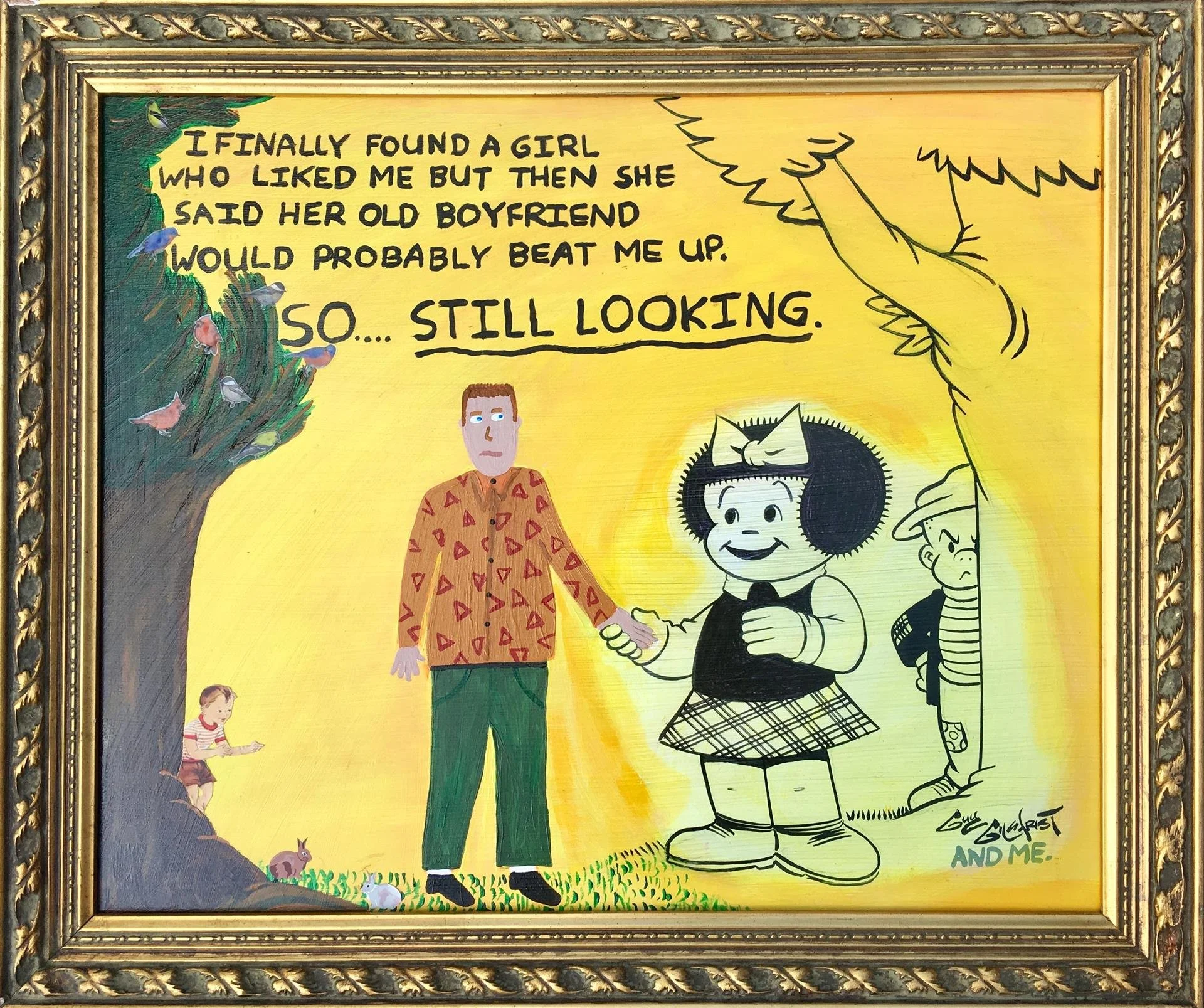 A framed cartoon drawing featuring a girl with black curly hair and a bow, holding a microphone, and a man in a patterned shirt shaking her hand. The background is yellow with a tree on the left and a child playing near a bunny on the grass. Handwritten text at the top says, "I finally found a girl who liked me but then she said her old boyfriend would probably beat me up. So... still looking."