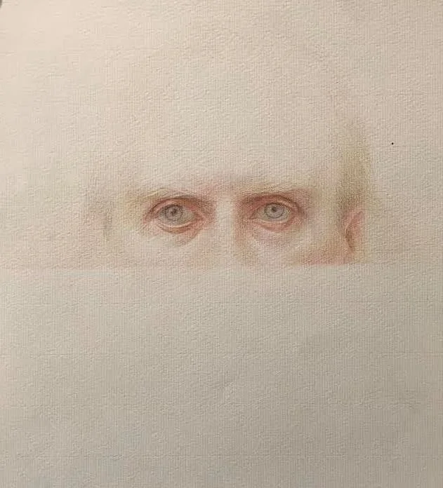 A painting with a focus on the eyes of a human.