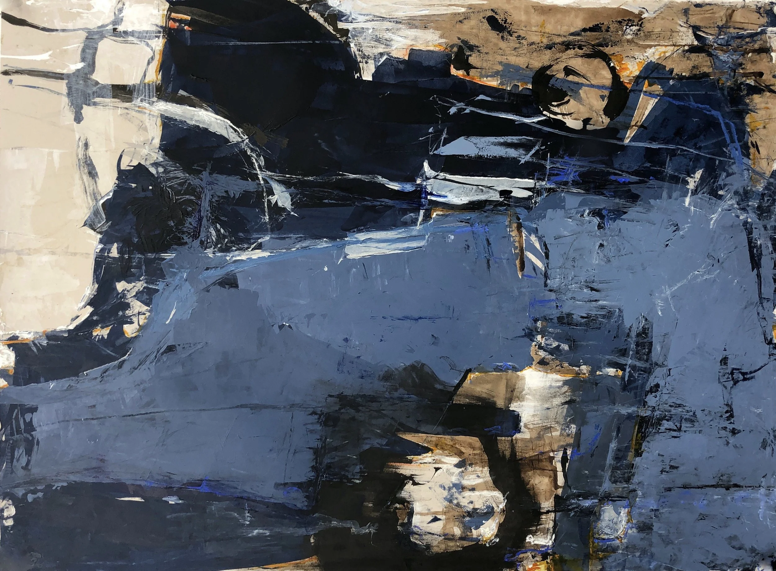 An abstract painting with shades of blue, black, gray, and beige, featuring broad, expressive brushstrokes and layered textures.