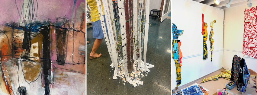 Three images showcase various forms of abstract art. The first is a painting with bold black and brown strokes on a pink and purple background. The second is a sculptural installation made of elongated wooden pieces draped with paint-splattered paper strips, standing upright. The third image displays a gallery wall with mixed-media abstract artworks, including colorful painted pieces, with some resembling stylized figures or shapes.