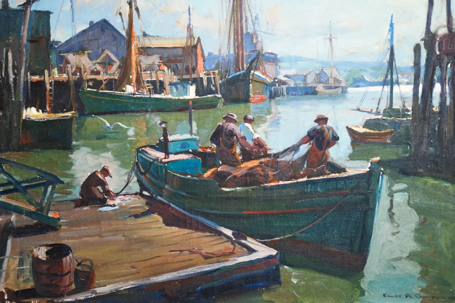 A harbor scene with several boats docked, including a boat with four men working on it, one man sitting on the dock, and various buildings and masts in the background, painted in an impressionist style.