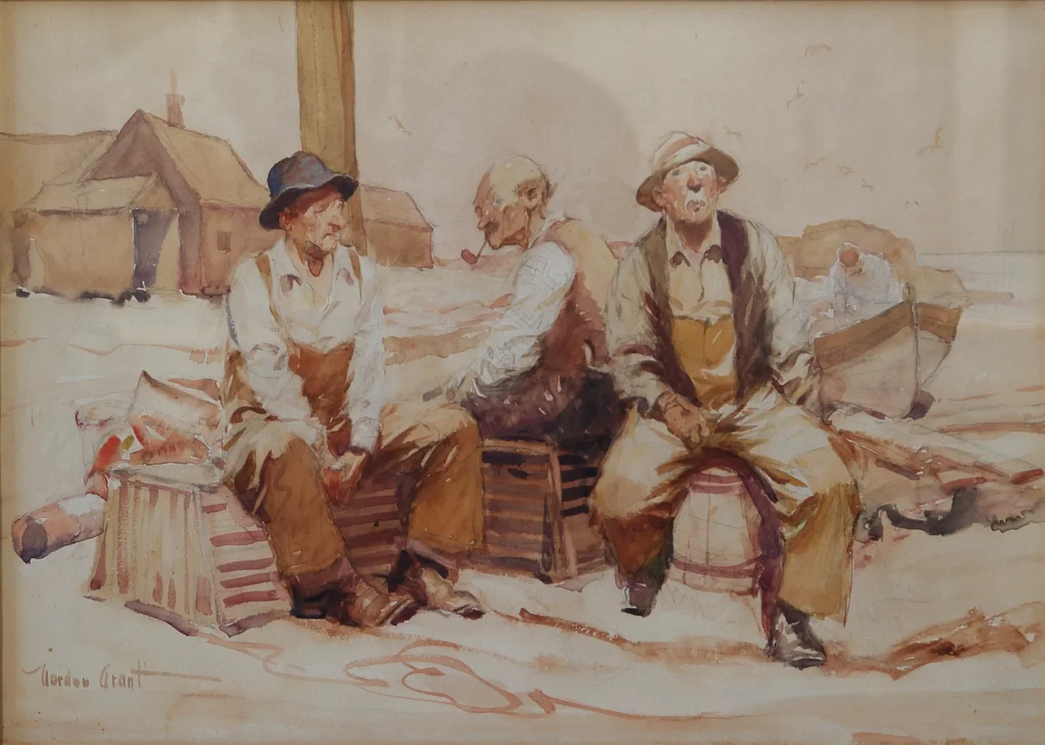 Fish Stories, n.d. by Gordon Hope Grant, watercolor, 14 x 20 in,  Mosher Gallery, Rockport, MA.