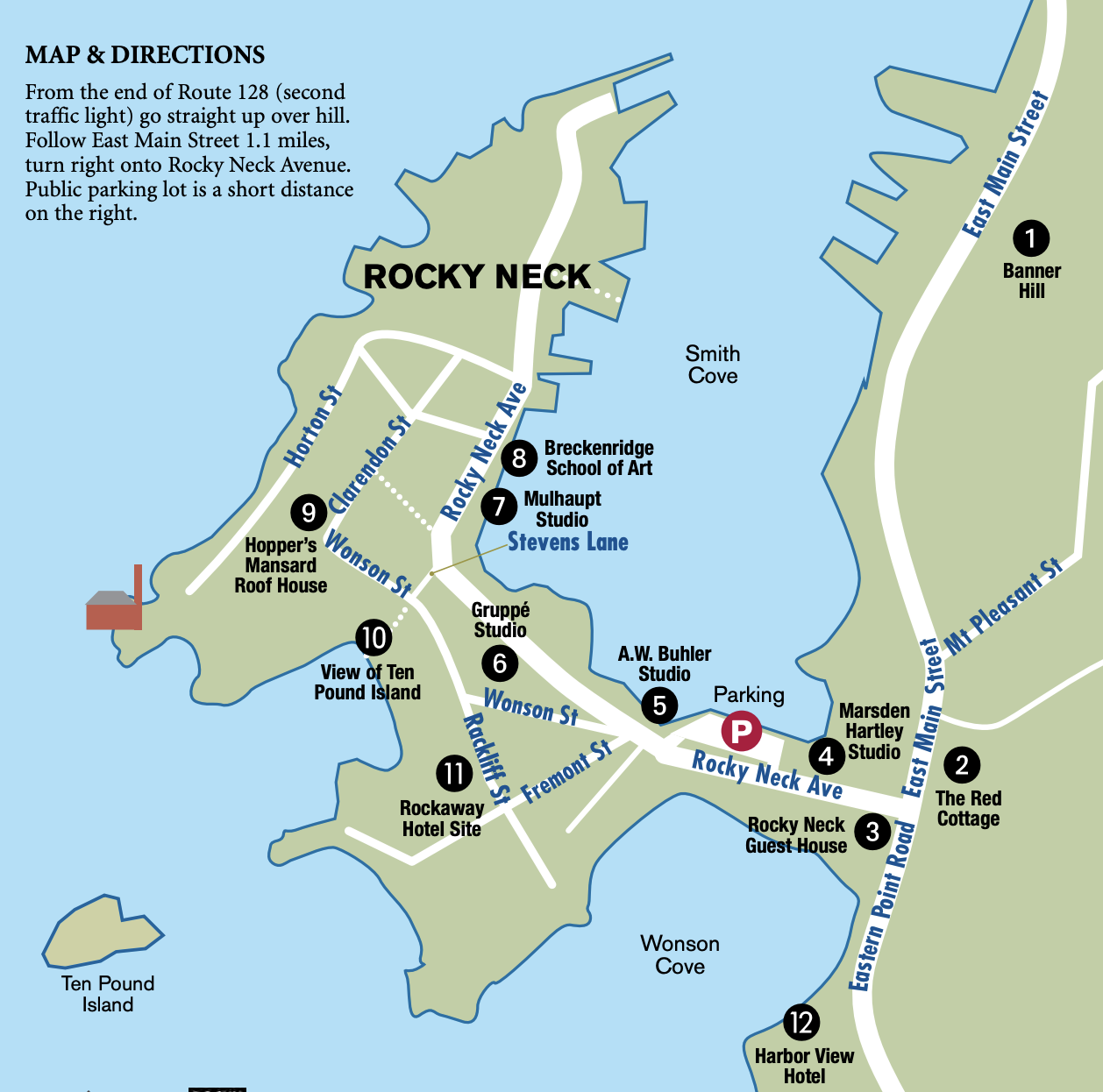 Map of Rocky Neck with streets, landmarks, and numbered points of interest, including art studios, historical sites, and hotels.