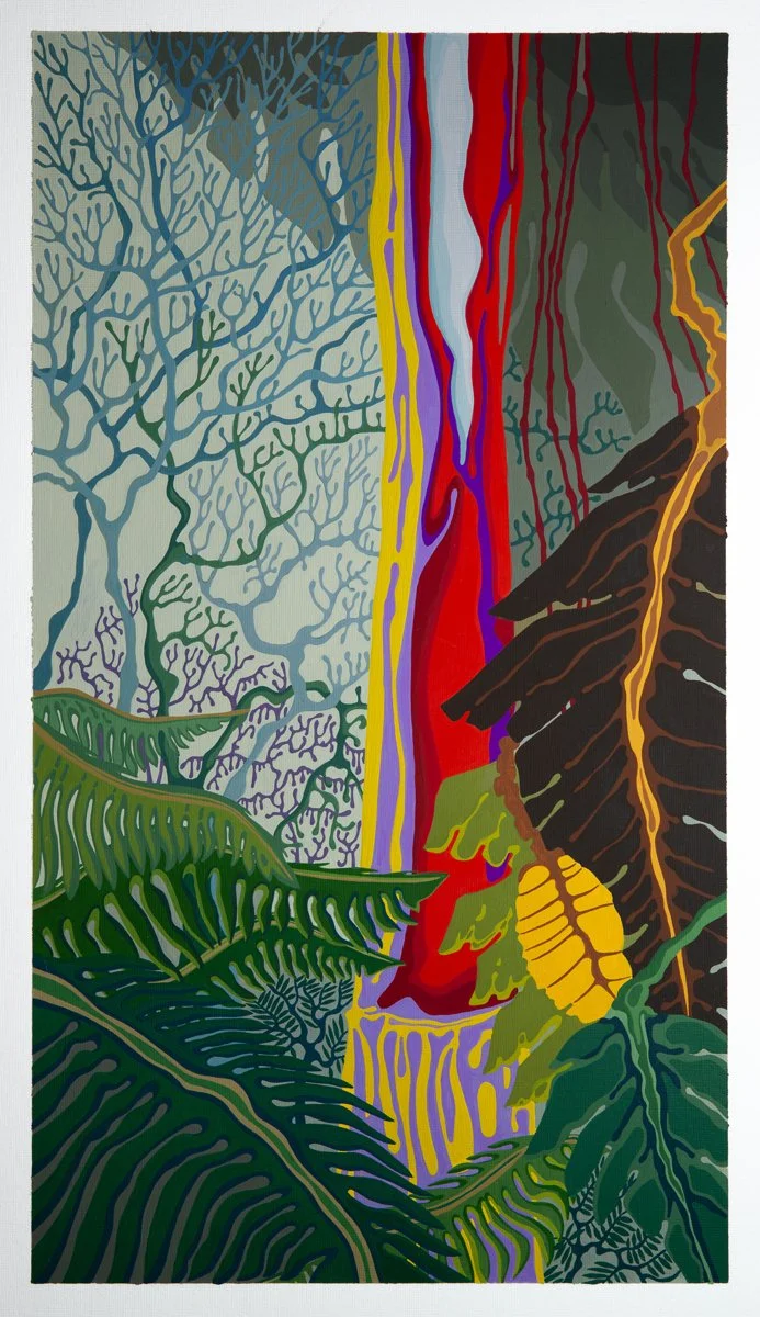 Colorful abstract painting of a forest scene with trees, leaves, and a waterfall.