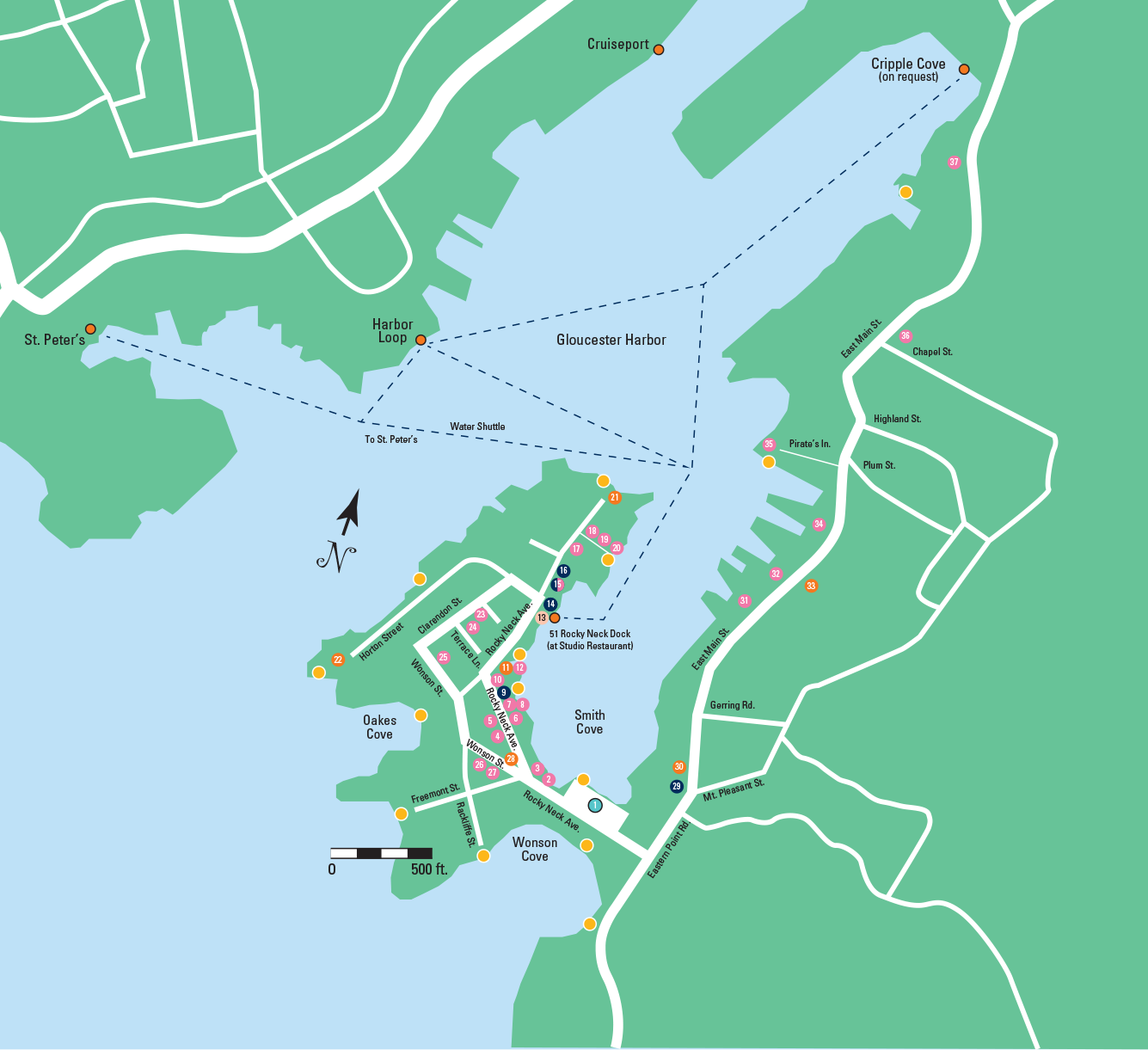 Map of Gloucester Harbor and surrounding areas, showing docks, streets, and landmarks including St. Peter's, Harbor Loop, Oakes Cove, Smith Cove, and various streets.