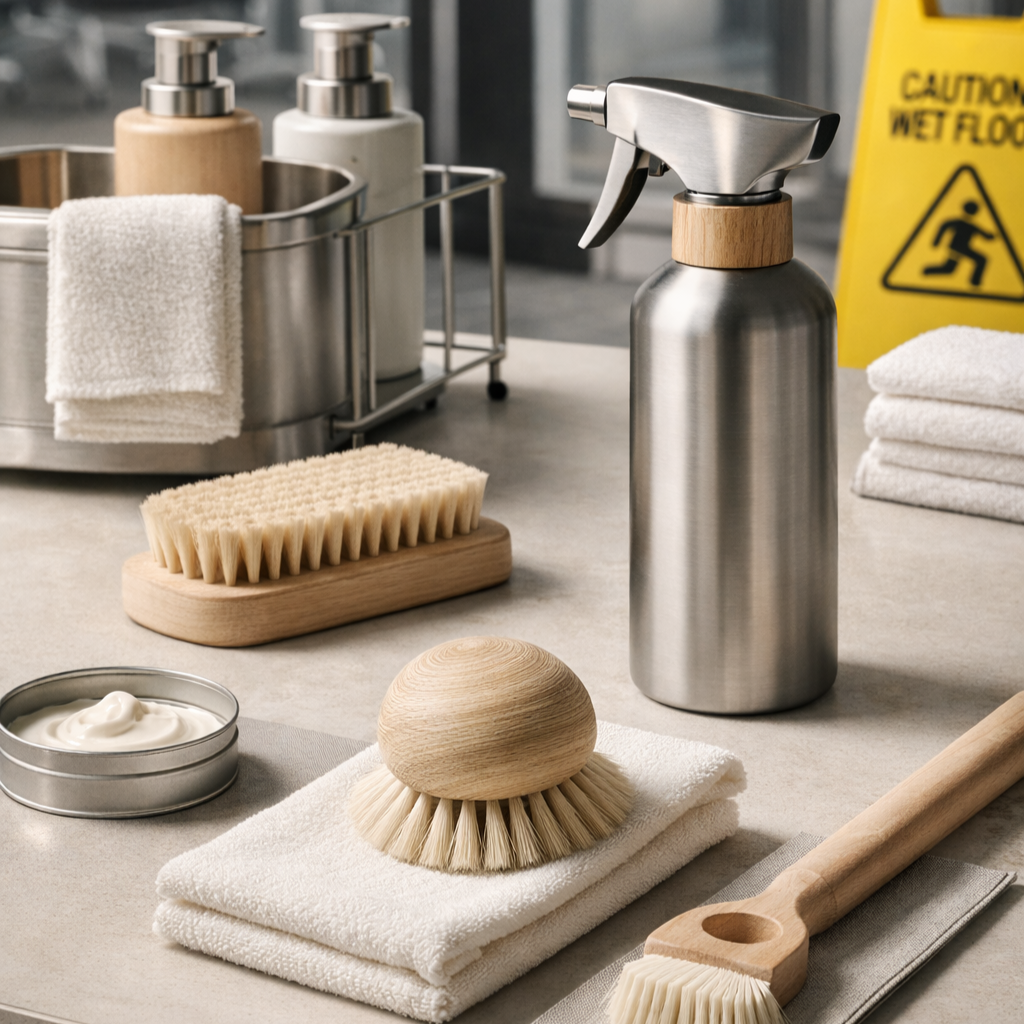 Cleaning supplies and tools on a countertop, including a metal spray bottle with a wooden ring, a wooden scrub brush, a small container of cream or lotion, a stack of white towels, a natural bristle scrub brush, and a metal bucket with soap dispensers and a towel, with a yellow caution wet floor sign in the background.