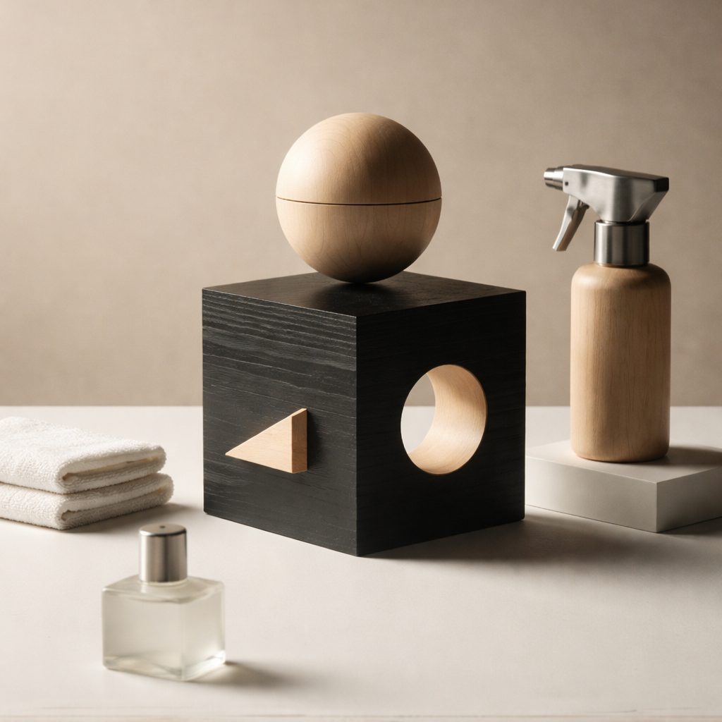 Minimalist bathroom or skincare setup with wooden and metal objects, towels, and a small glass bottle.