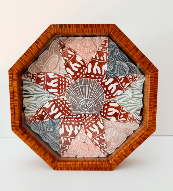 "Sailor's Valentine I" //  Each shell is carved as its own block, printed, then arranged individually into a handmade tiger maple and glass octagonal box