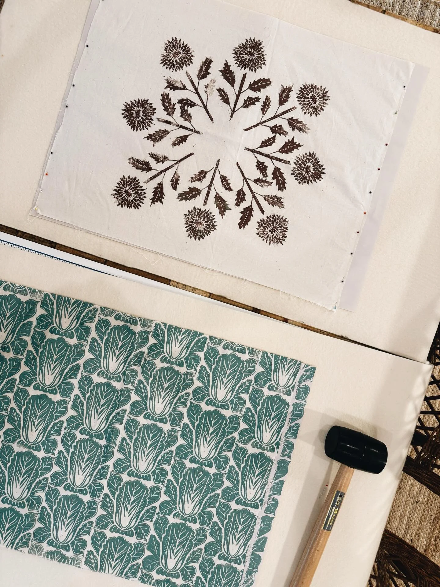 Block print experimentation on fabric scraps