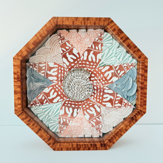 "Sailor's Valentine II" //  Each shell is carved as its own block, printed, then arranged individually into a handmade tiger maple and glass octagonal box