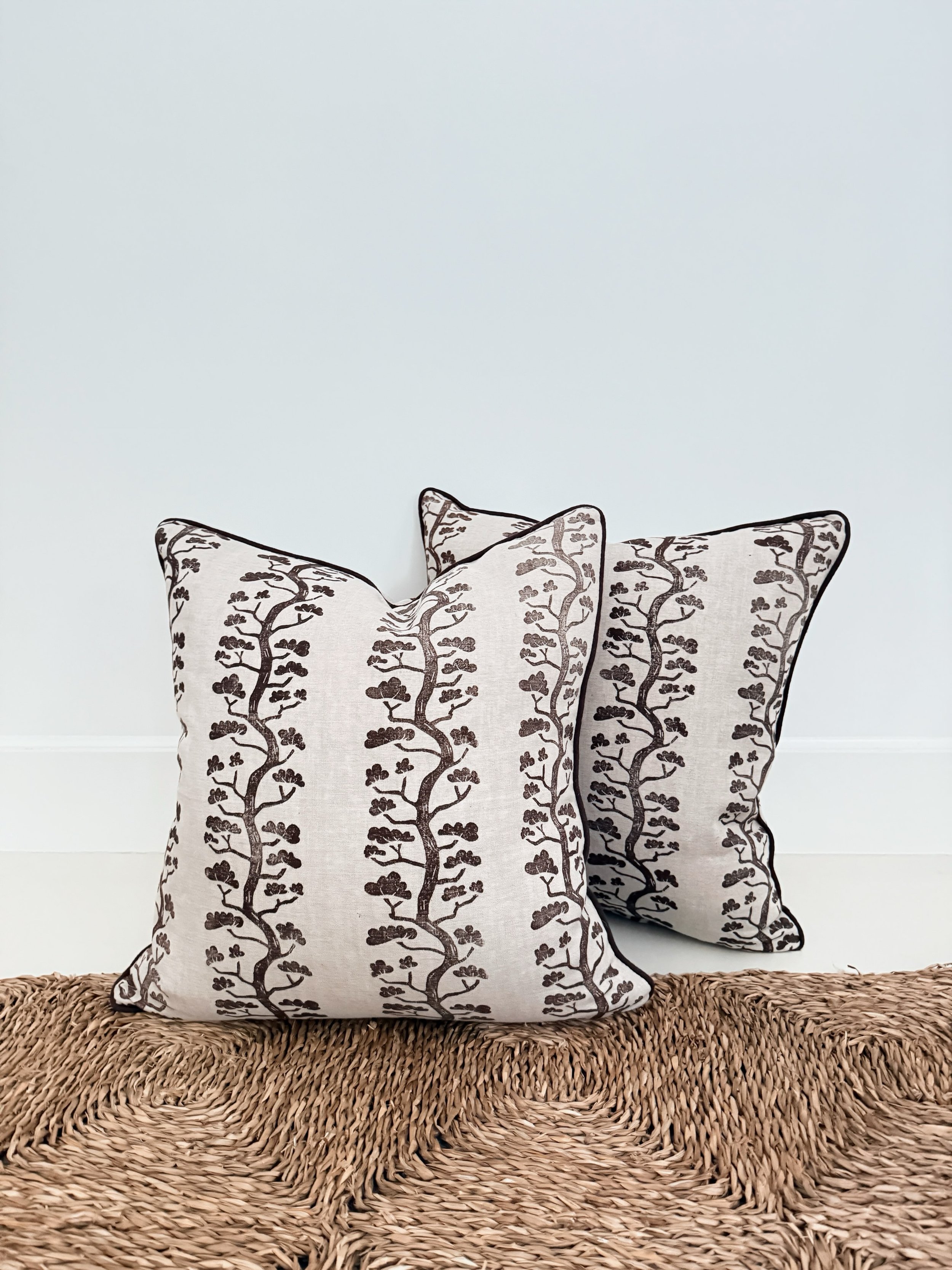 A little of the process behind the Korean red pine. Carved by hand, printed one repeat at a time on natural linen, and eventually made into a pair of cushions.

I&rsquo;ve finally updated the website and this pair is now available there.