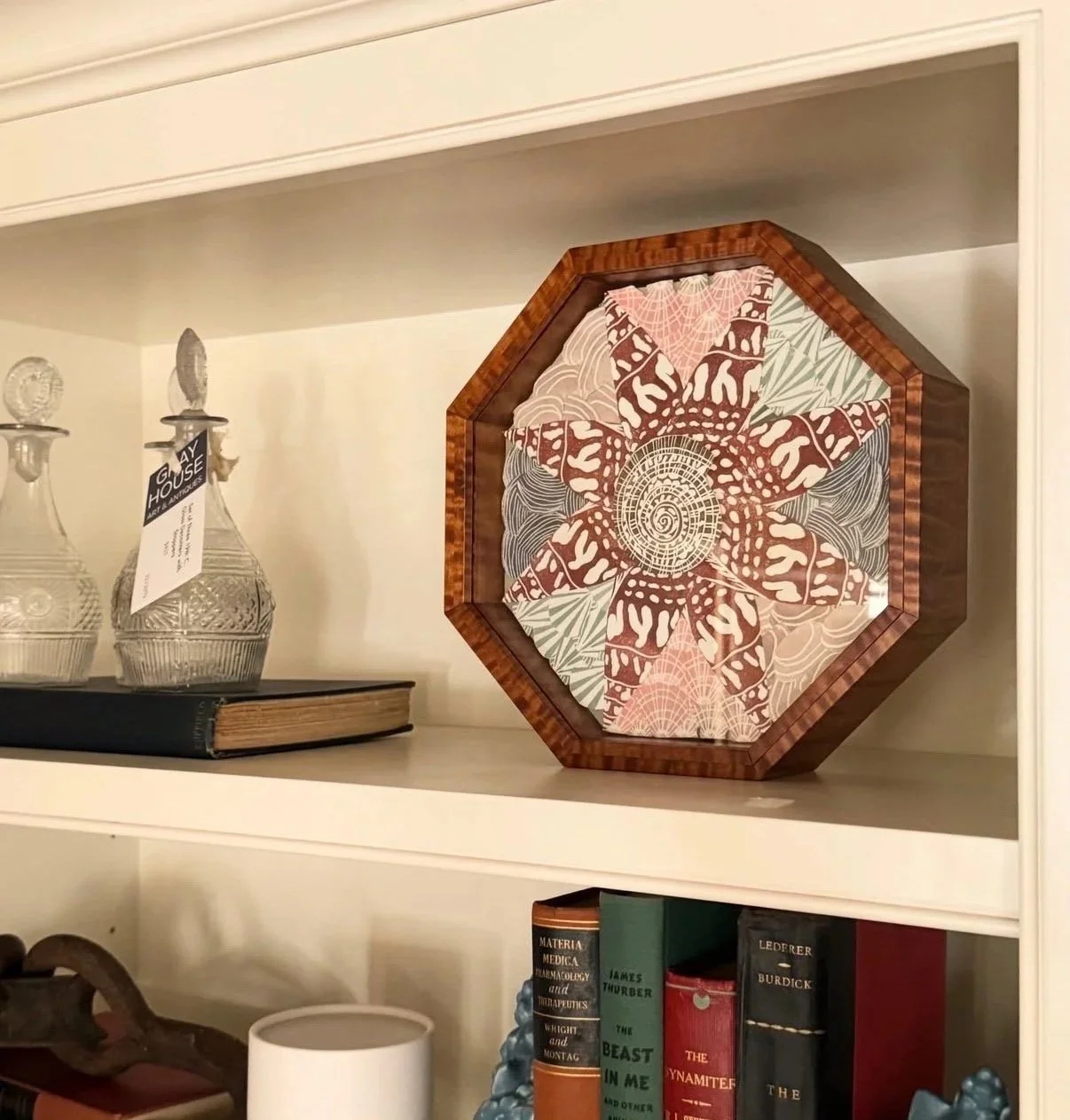 "Sailor's Valentine II" //  Each shell is carved as its own block, printed, then arranged individually into a handmade tiger maple and glass octagonal box