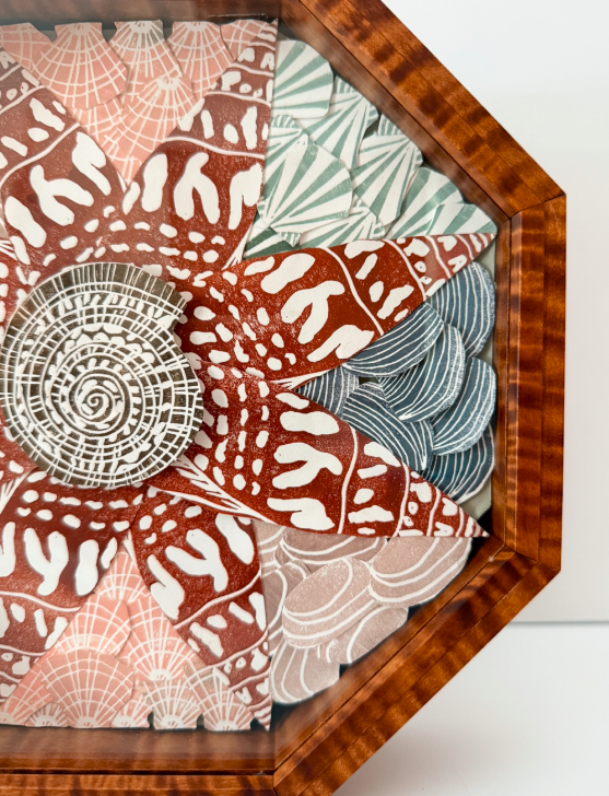 "Sailor's Valentine II" //  Each shell is carved as its own block, printed, then arranged individually into a handmade tiger maple and glass octagonal box
