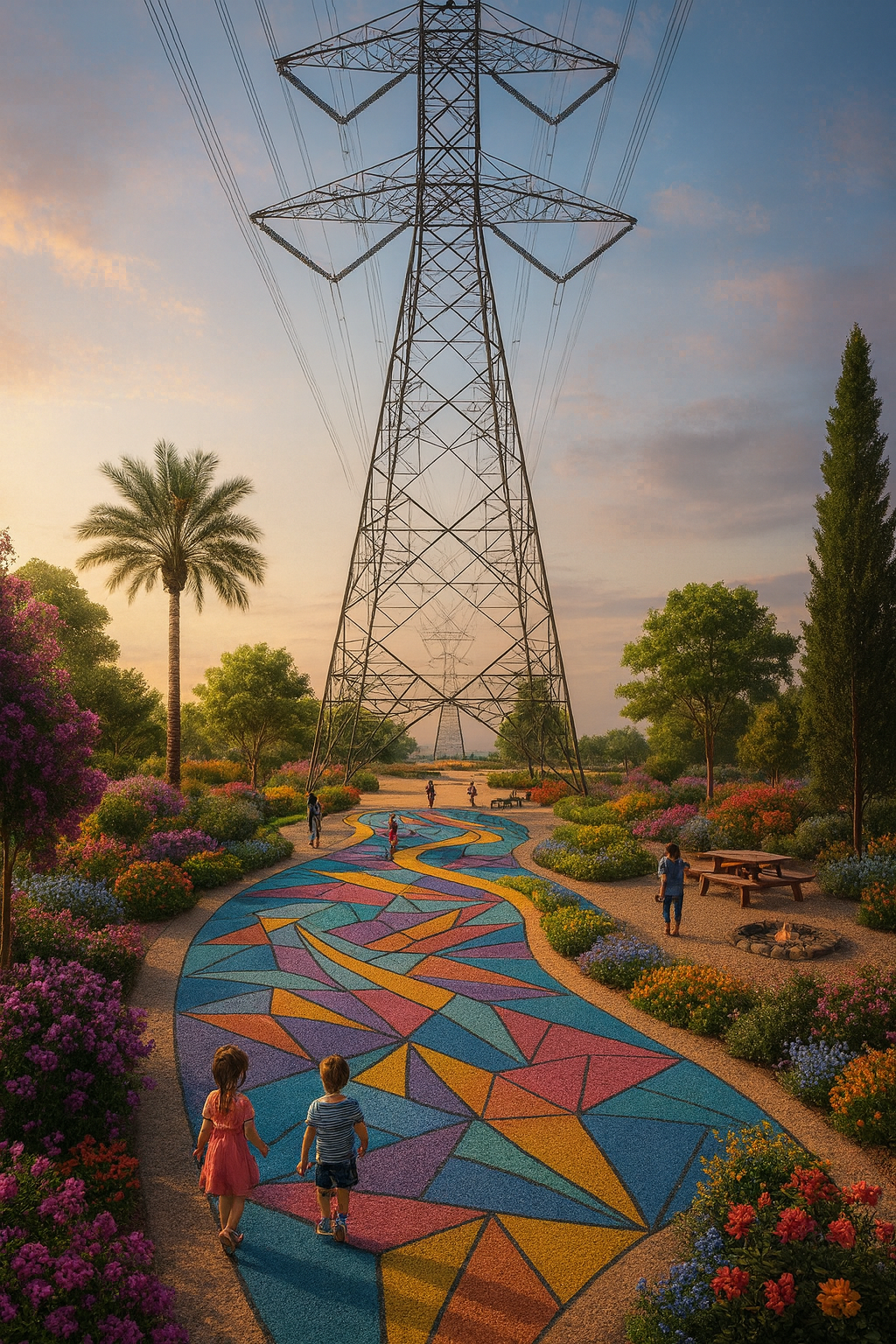 Children walking on a colorful patterned path in a landscaped park with flowers, trees, and a large electricity pylon train tracks overhead during sunset.