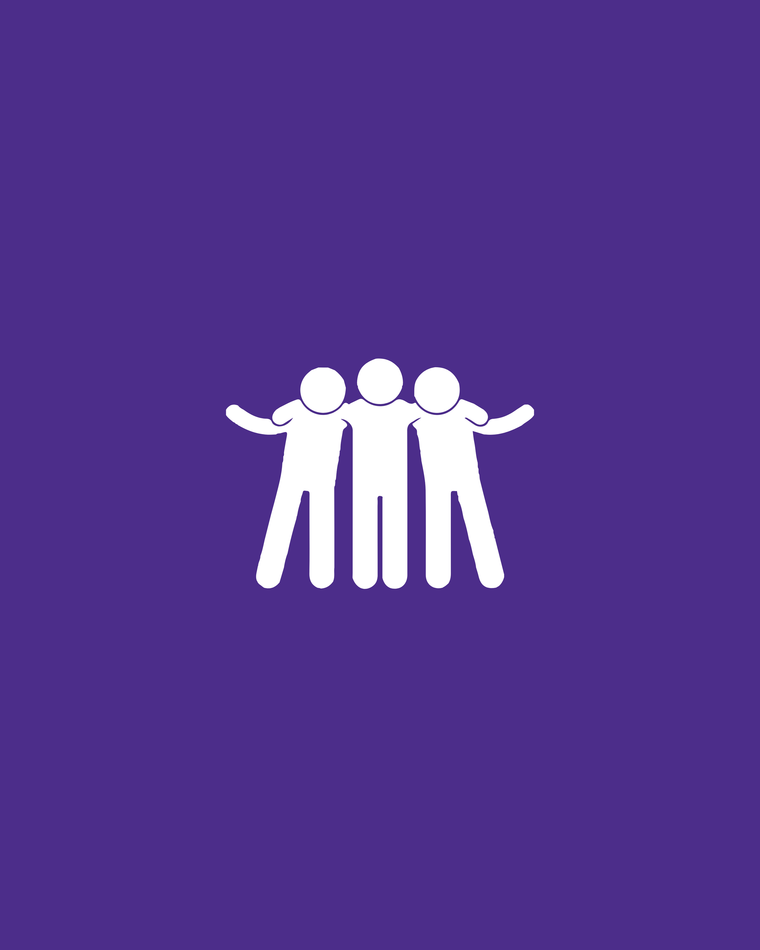 Graphic icon of three people standing closely together with arms around each other on a purple background.