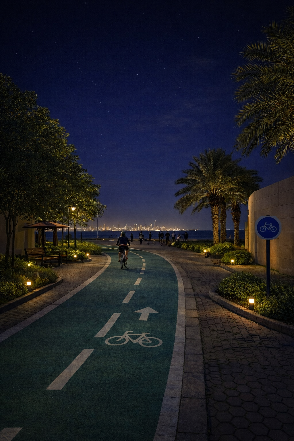 Night scene of a bike lane along a waterfront with trees and palm trees. A person is cycling, and in the background, city skyscrapers are illuminated across the water. The sky is dark with stars.