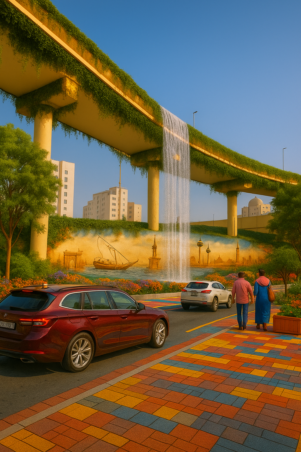 A cityscape scene featuring a graffiti mural on a wall, cars parked on the street, and two people walking. The mural depicts a ship, a bridge, and minarets against a sunset sky.