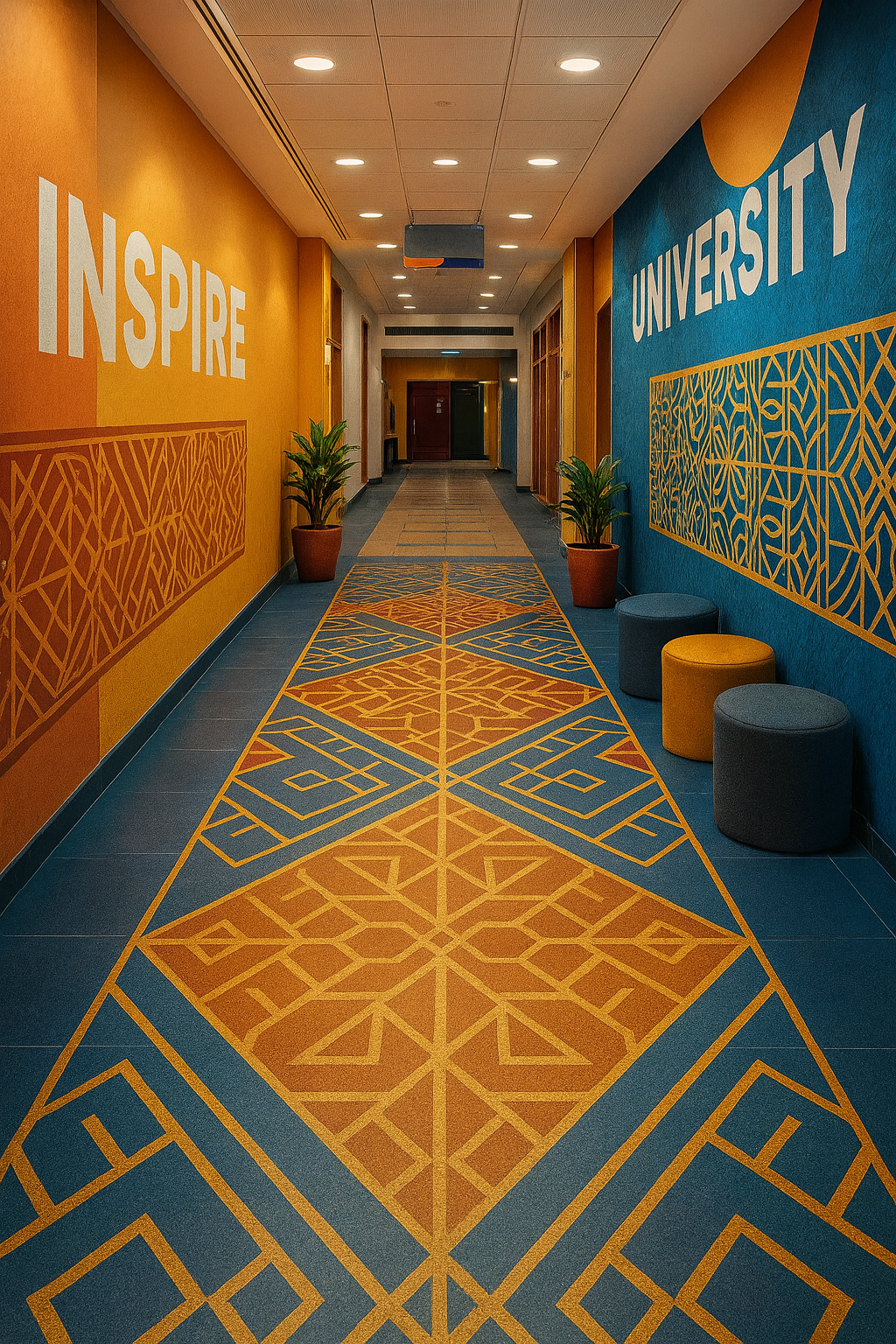 Colorful hallway with vibrant wallpaper, geometric carpet design, and inspirational words 'INSPIRE' on yellow wall and 'UNIVERSITY' on blue wall, with potted plants and seating.