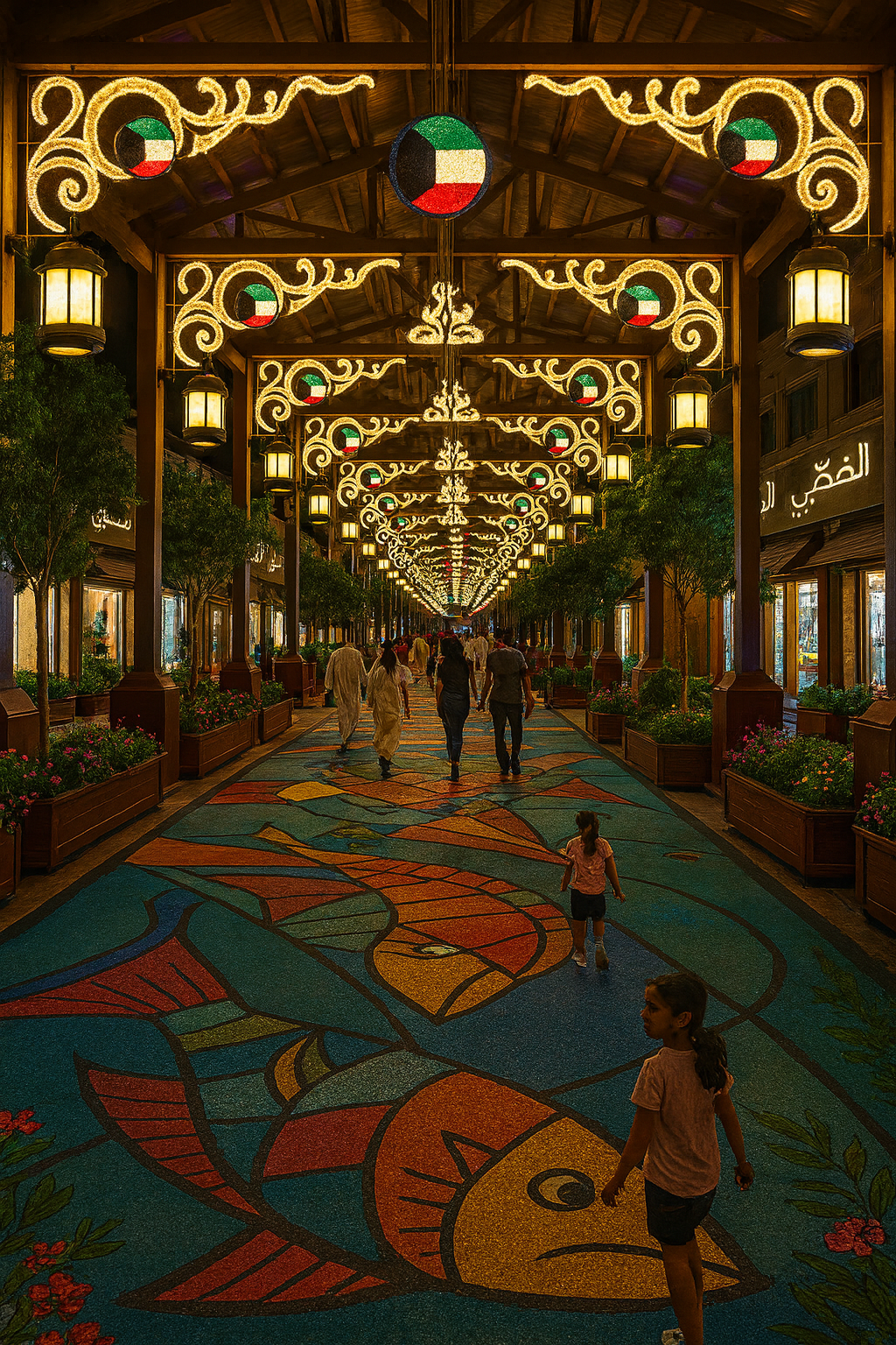 Interior of a shopping mall decorated with illuminated Arabic-style patterns and flags, with people walking on a colorful mosaic floor and trees lining the walkway.
