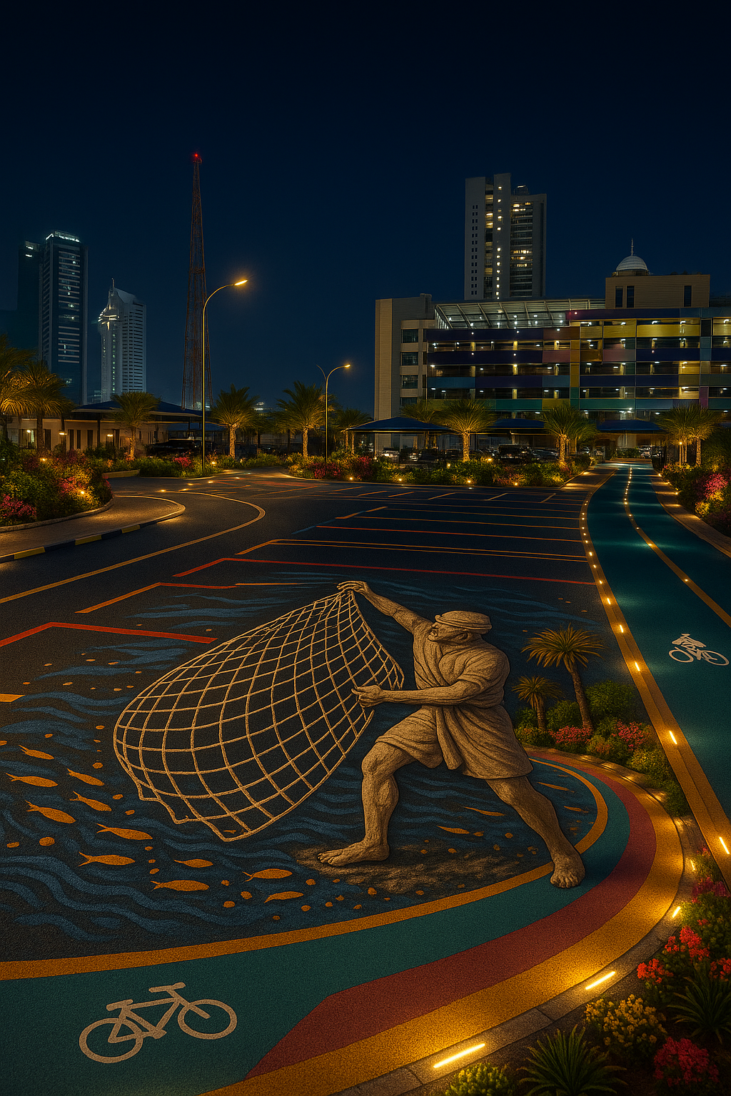 Night view of a cityscape with tall buildings illuminated, featuring a mural of a fisherman casting a net on the ground near a bike lane.